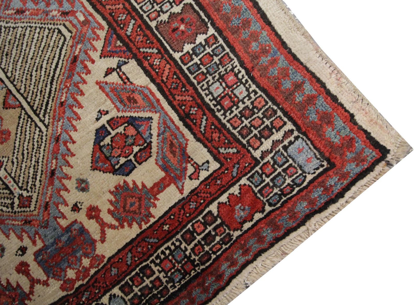 Tapis caucasien d'époque fait main, tapis en laine oriental rouge profond et beige pour chambre photo vinterior