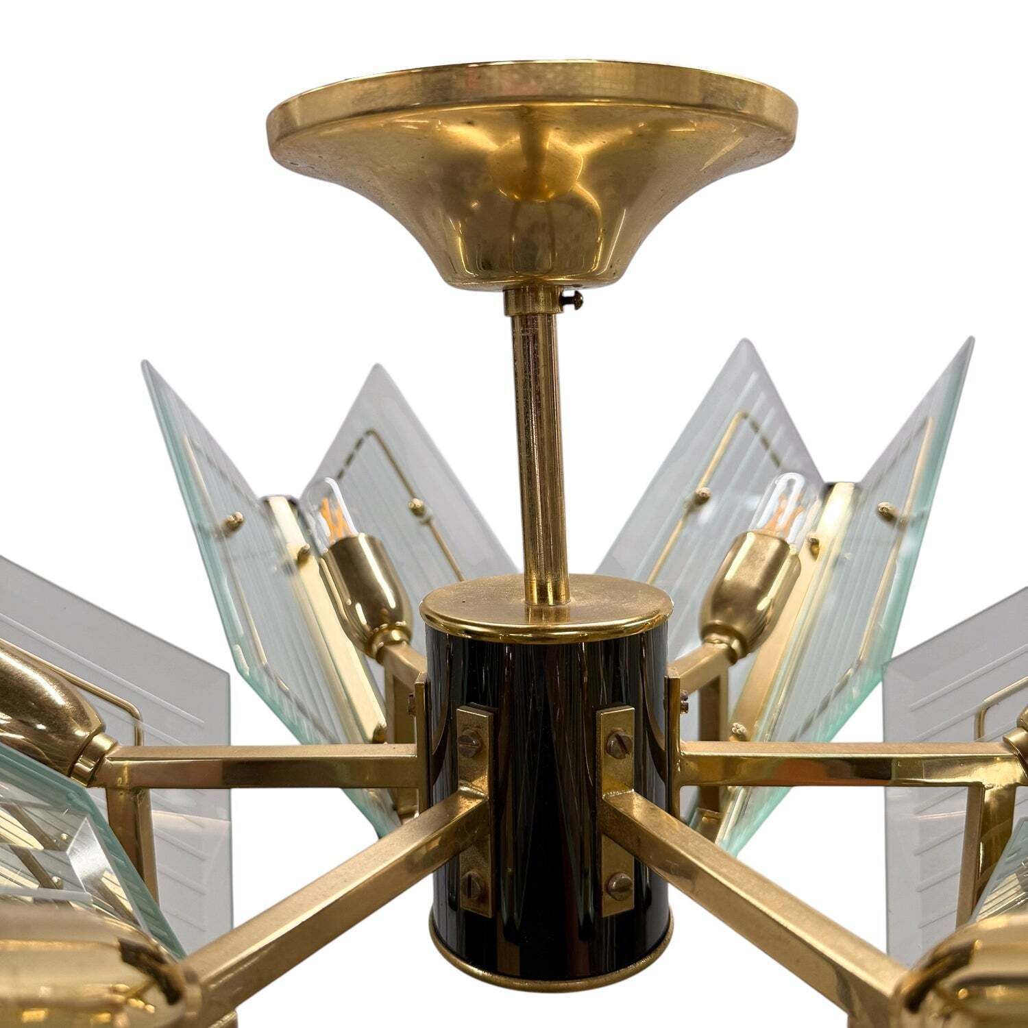 Vintage Brass & Etched Glass Chandelier By Massive photo vinterior