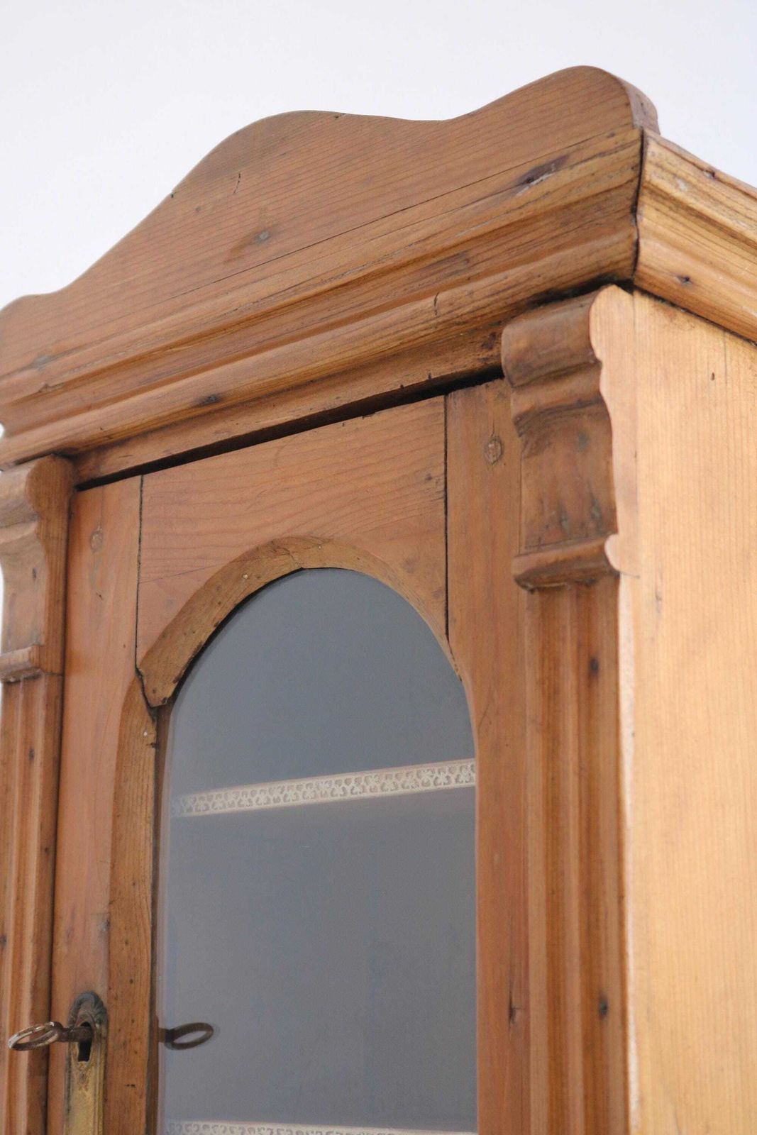 Antique Pine Hanging Cabinet With Glass Door, Lock & Key, Rustic Wall Cabinet With Drawer, Farmhouse Cupboard photo Furniture