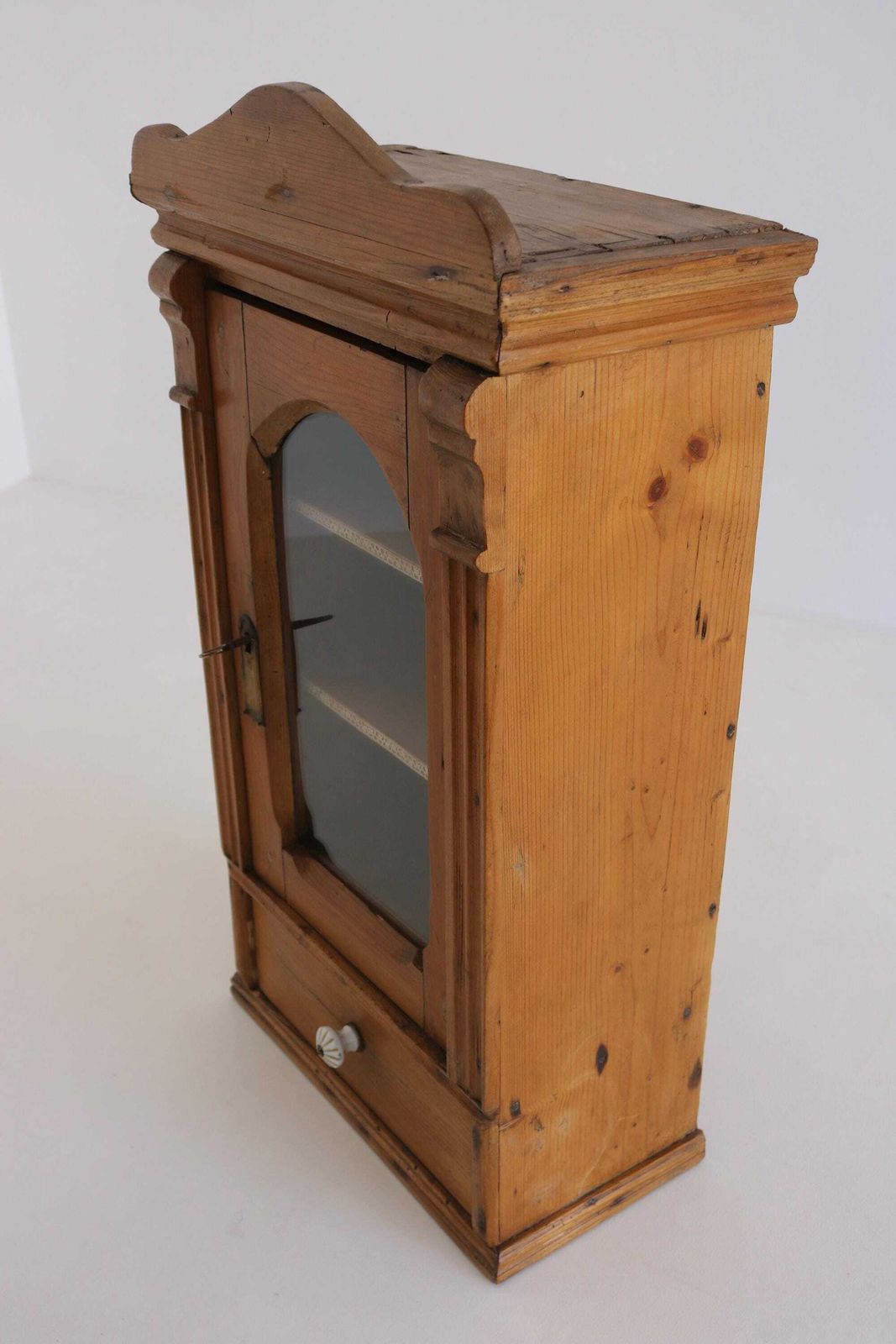 Antique Pine Hanging Cabinet With Glass Door, Lock & Key, Rustic Wall Cabinet With Drawer, Farmhouse Cupboard photo vinterior