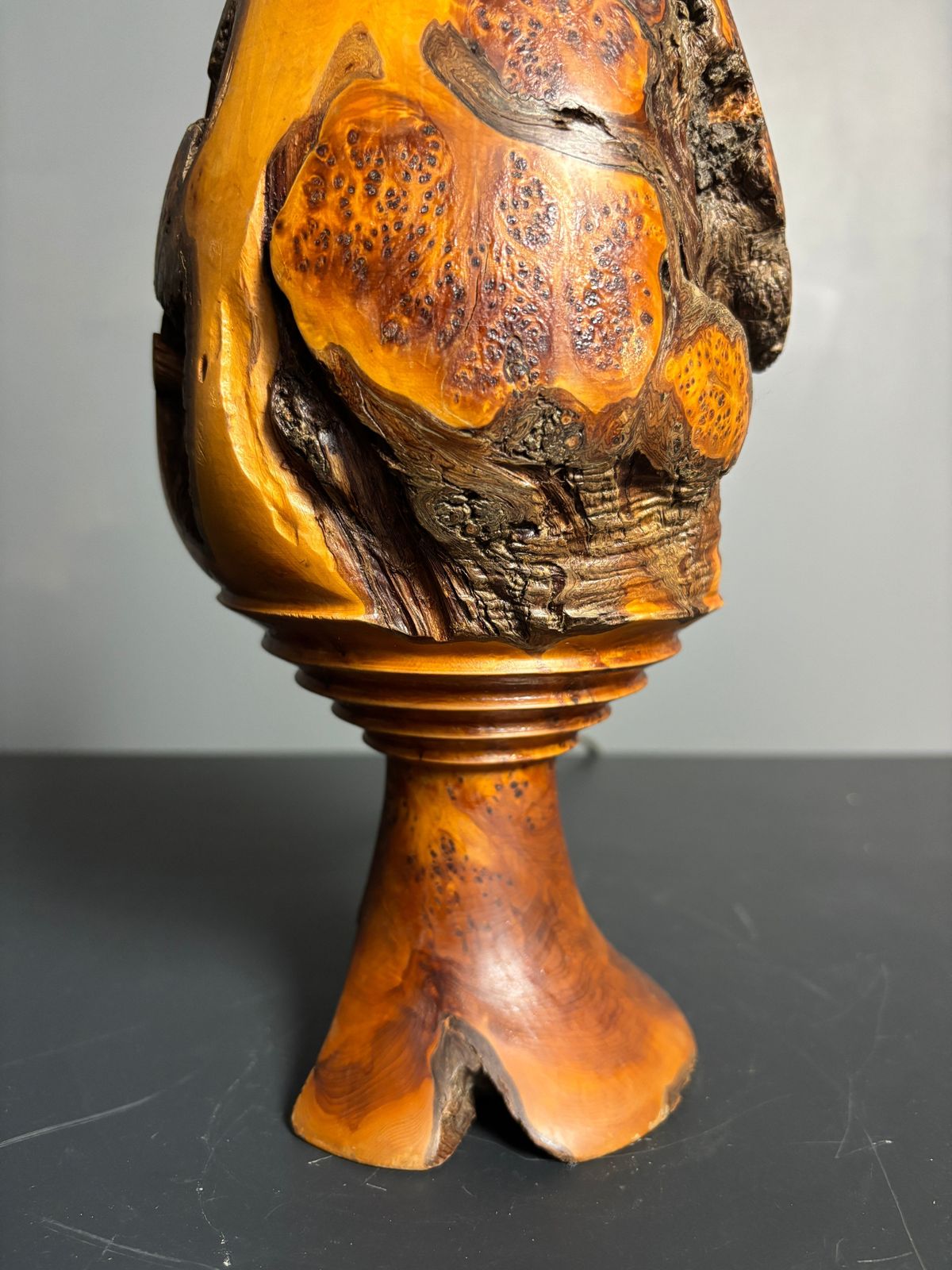 Sculptural Artisanal Brutalist Midcentury Burl Wood Turned Table Lamp 1960s photo for sale