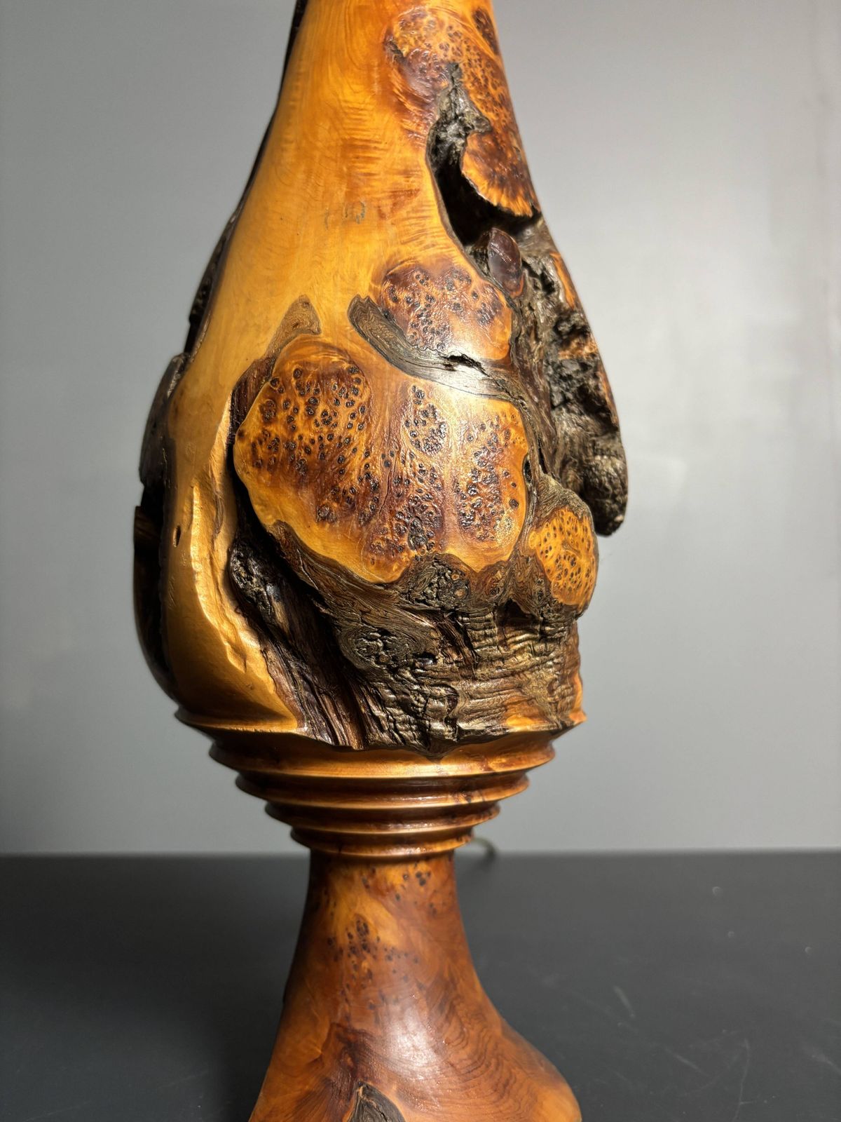 Sculptural Artisanal Brutalist Midcentury Burl Wood Turned Table Lamp 1960s photo buy