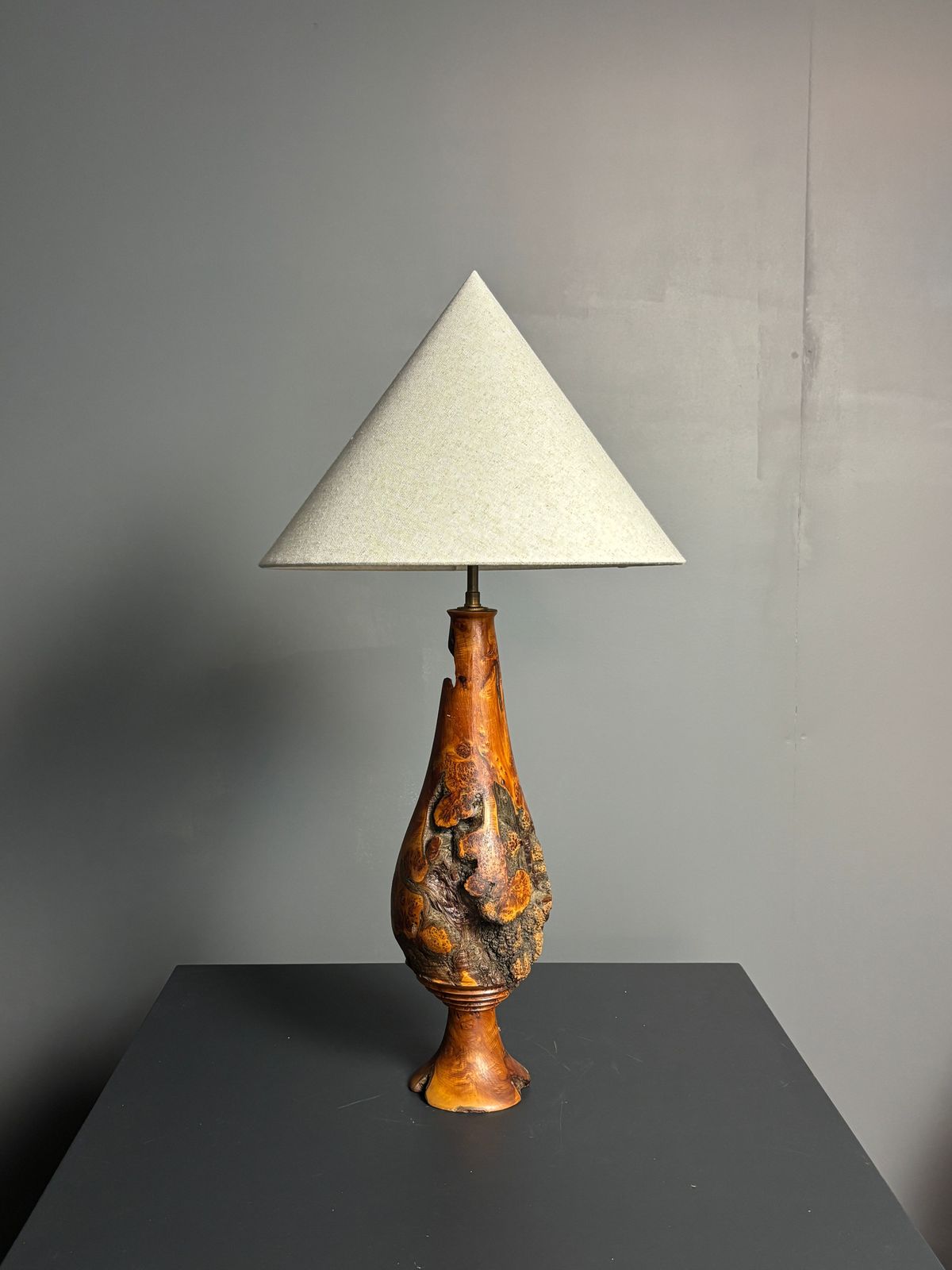 photo vinterior Sculptural Artisanal Brutalist Midcentury Burl Wood Turned Table Lamp 1960s
