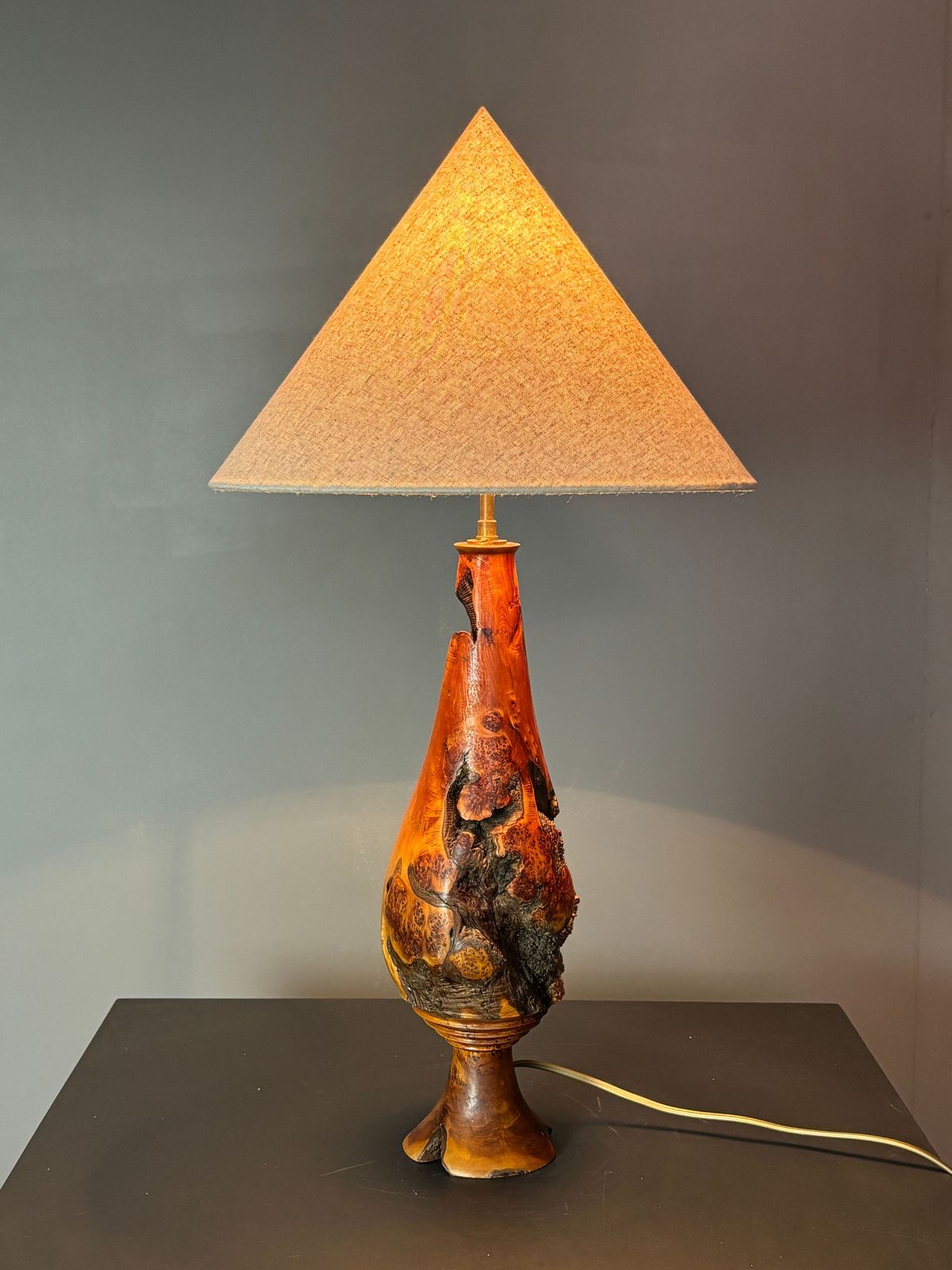 photo buy Sculptural Artisanal Brutalist Midcentury Burl Wood Turned Table Lamp 1960s