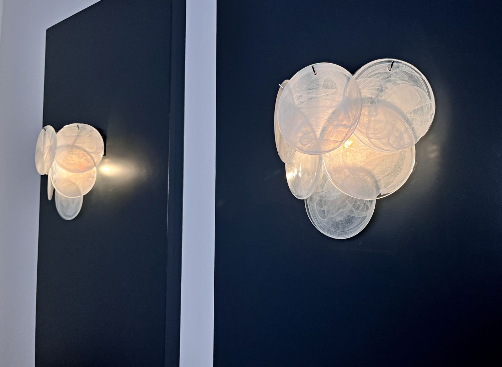 photo for sale Pair Of Glass Wall Sconces   6 Alabaster White Disks