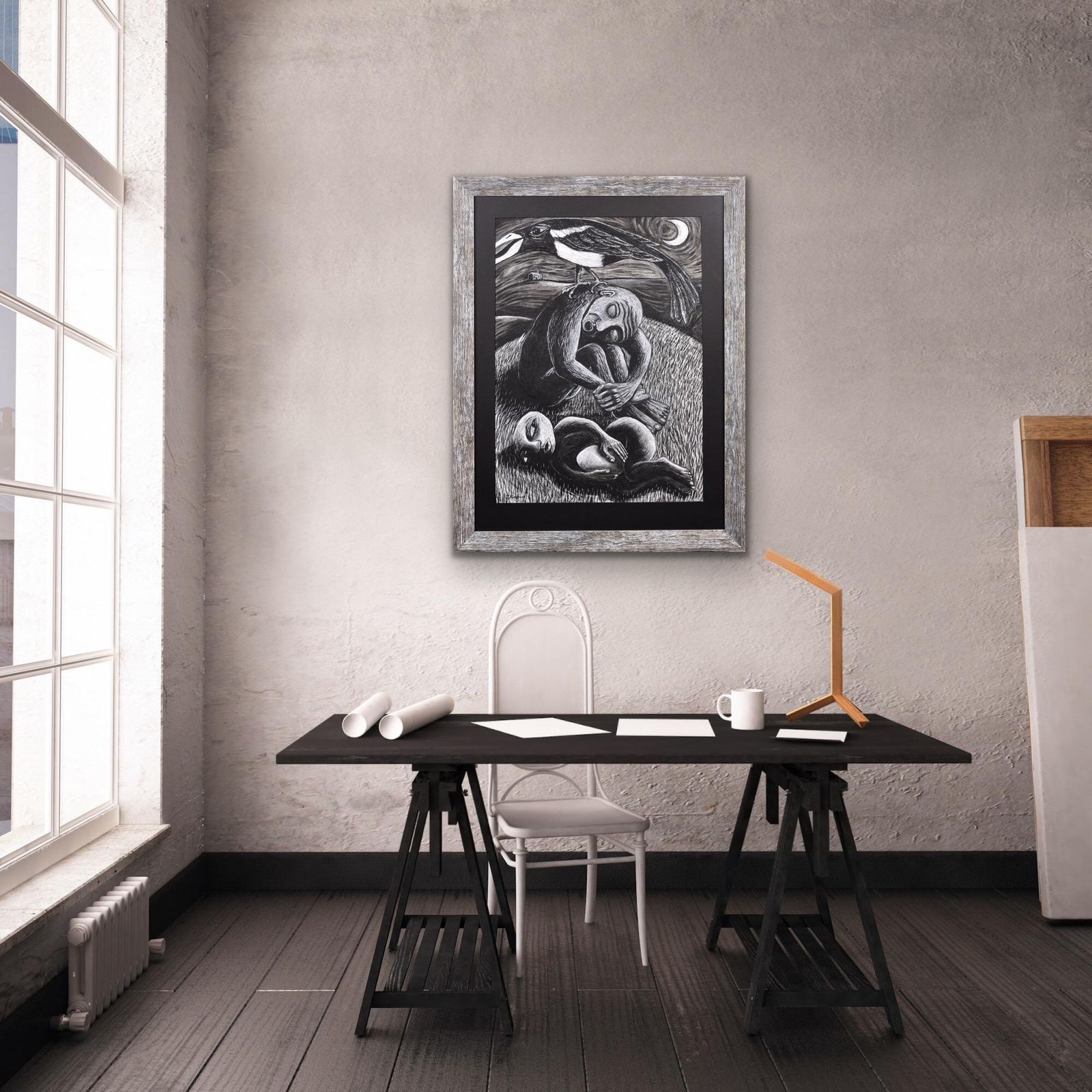 2495.0 The Thief. Œuvre au pastel encadrée, fin du XXe siècle, par l'artiste gallois Julian Ruddock (né en 1965). Styles symboliste et expressionniste. photo