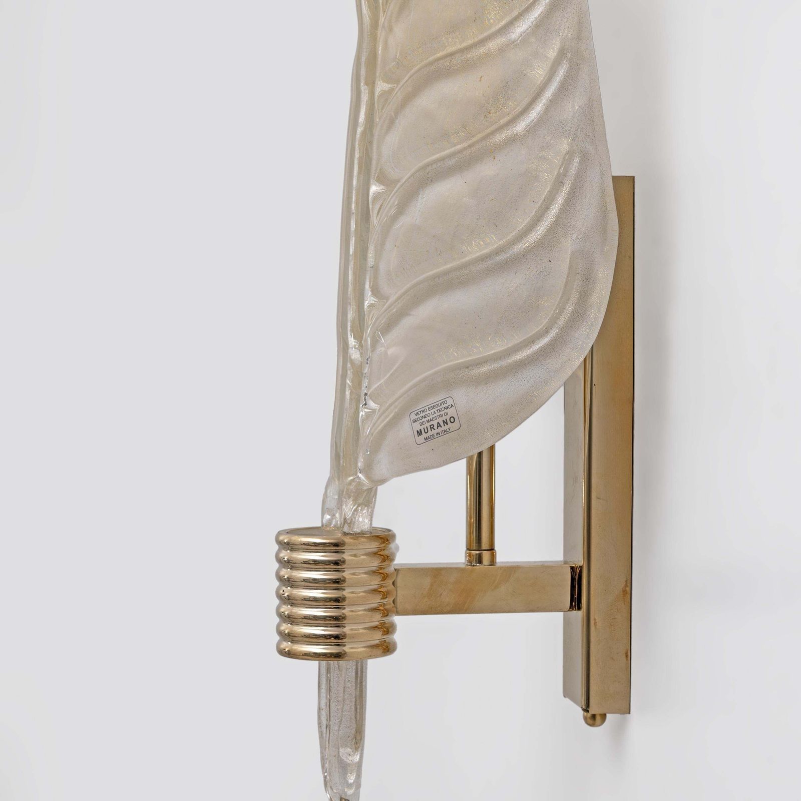 Pair Of Murano Glass Leaf Wall Sconces With Gold Powder And Brass, Italy photo buy