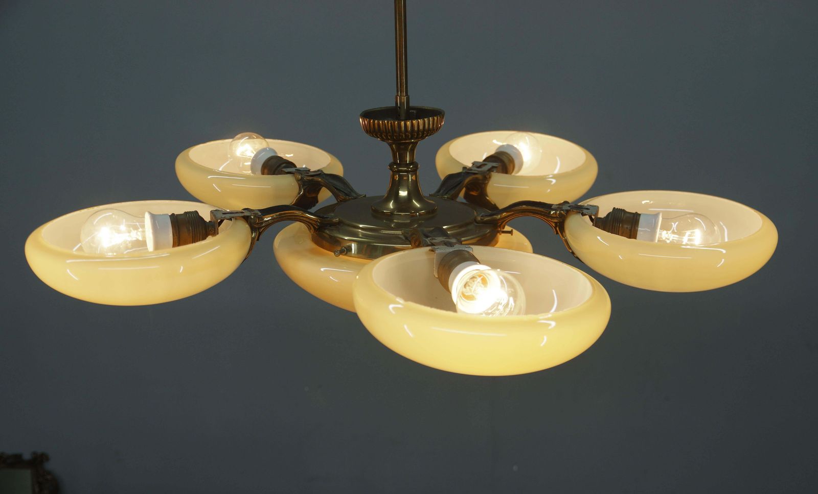 Art Nouveau Six Light Brass Chandelier By Jencik, Czechoslovakia, 1920s, Labeled photo 1954.0