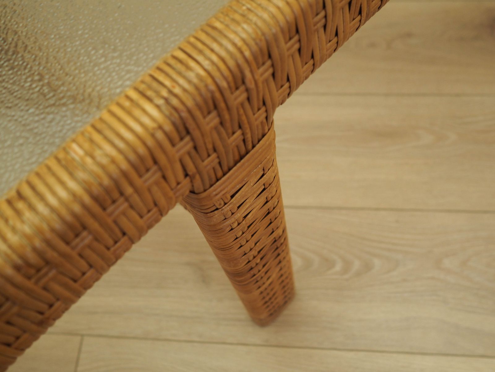 photo for sale Glass And Wicker Side Table, Danish Design, 1970s, Made In Denmark