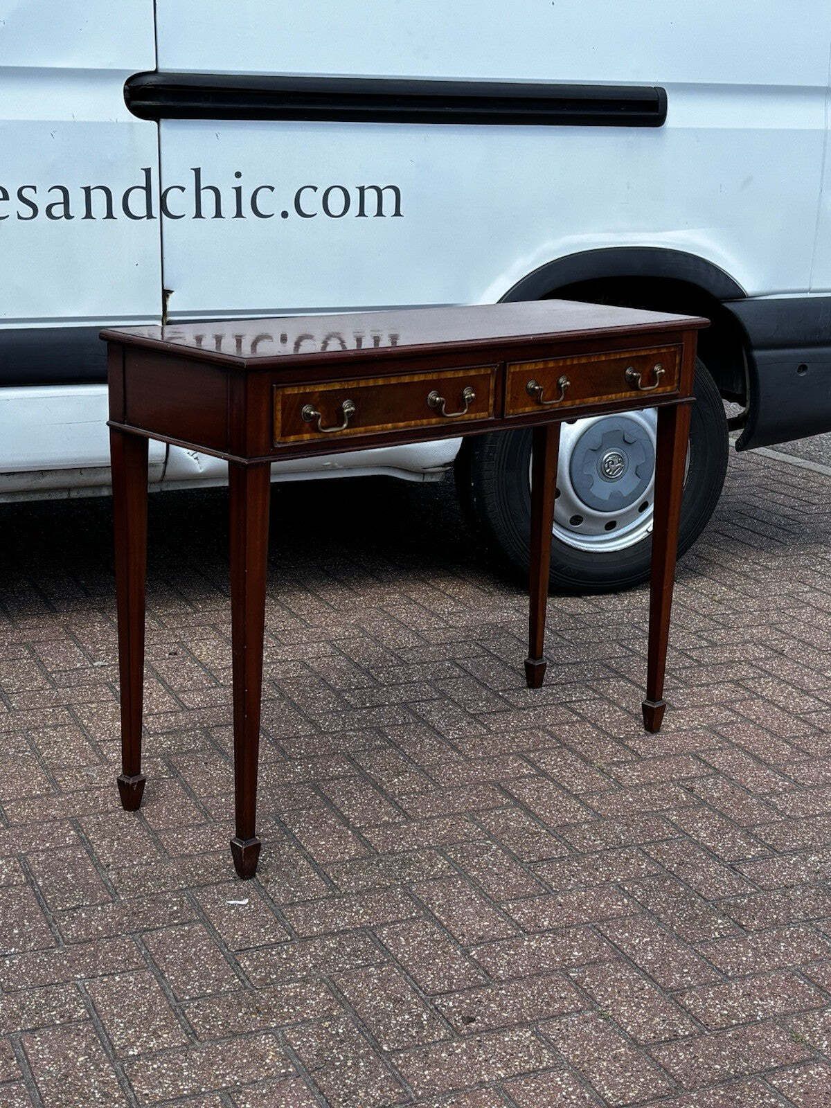 photo furniture Console Table, Inlaid Mahogany With 2 Drawers.