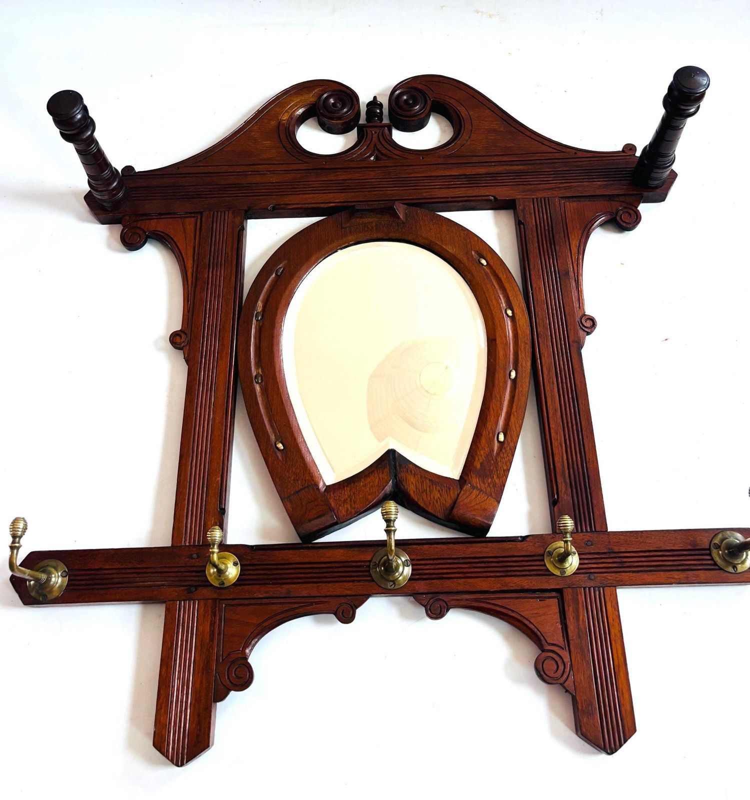 Antique Victorian Equine Theme Horse Shoe Wall Hanging Hall Rack & Mirror, C.1880 Home Good Luck Love Protection