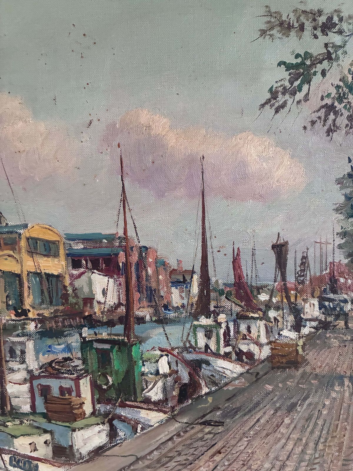 Art Vintage Original Scandinavian Harbor Oil Painting photo