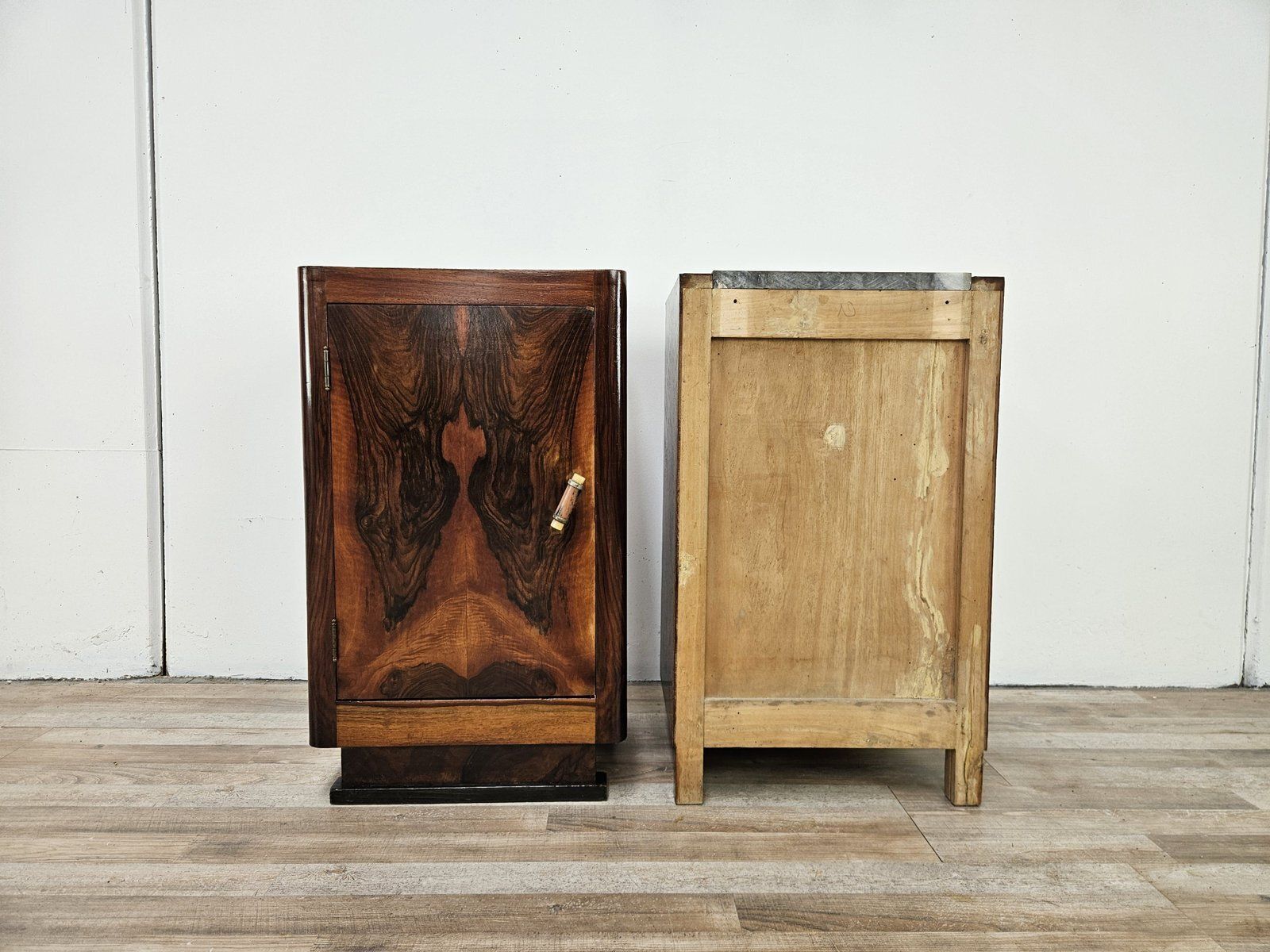 Art Deco Bedside Tables In Walnut Burl With Marble Tops, 1930, Set Of 2 photo for sale