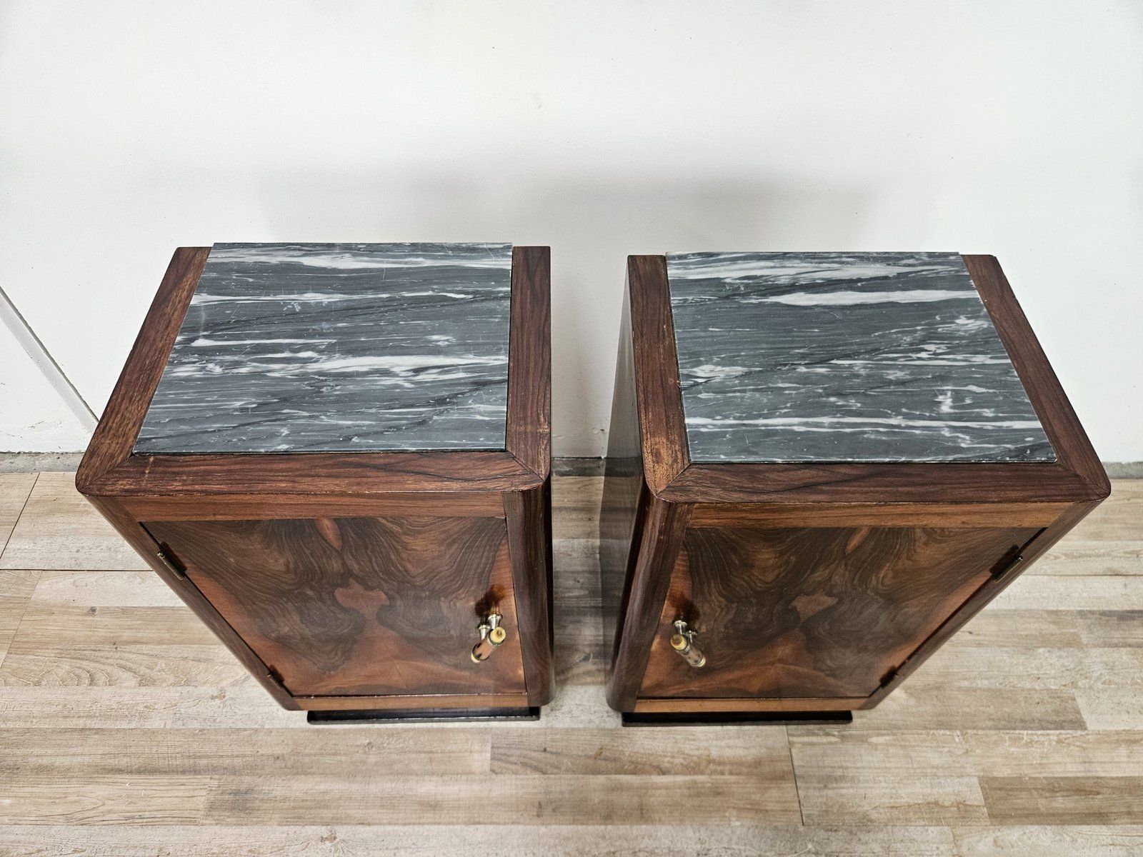 Art Deco Bedside Tables In Walnut Burl With Marble Tops, 1930, Set Of 2 photo 1025.0