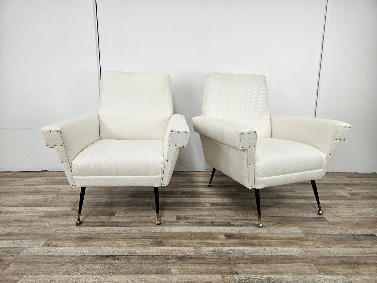 Mid Century Modern Italian Chairs In Cream Fabric With Iron Legs, 1950, Set Of 2