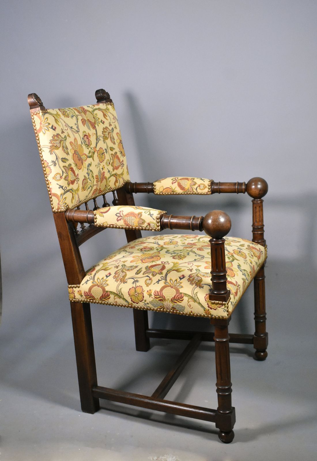 French Antique Upsholstered Armchair In Walnut Transitional Renaissance Revival photo for sale