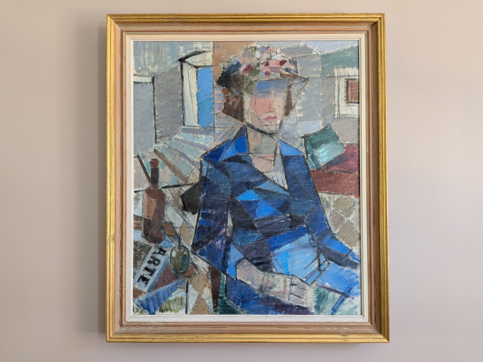 Vrouw in een blauwe jas, olieverfschilderij