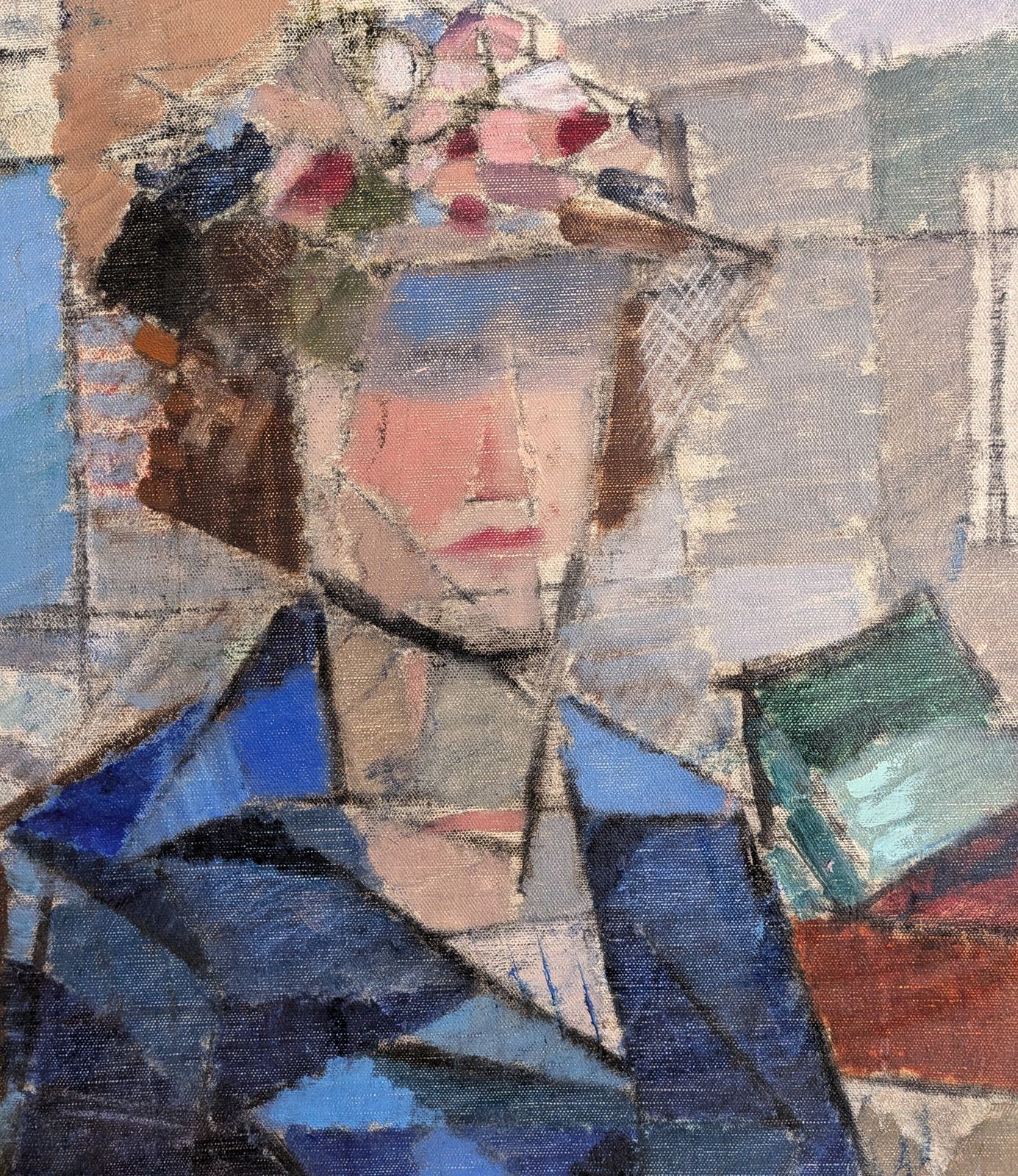 Vrouw in een blauwe jas, olieverfschilderij photo vinterior