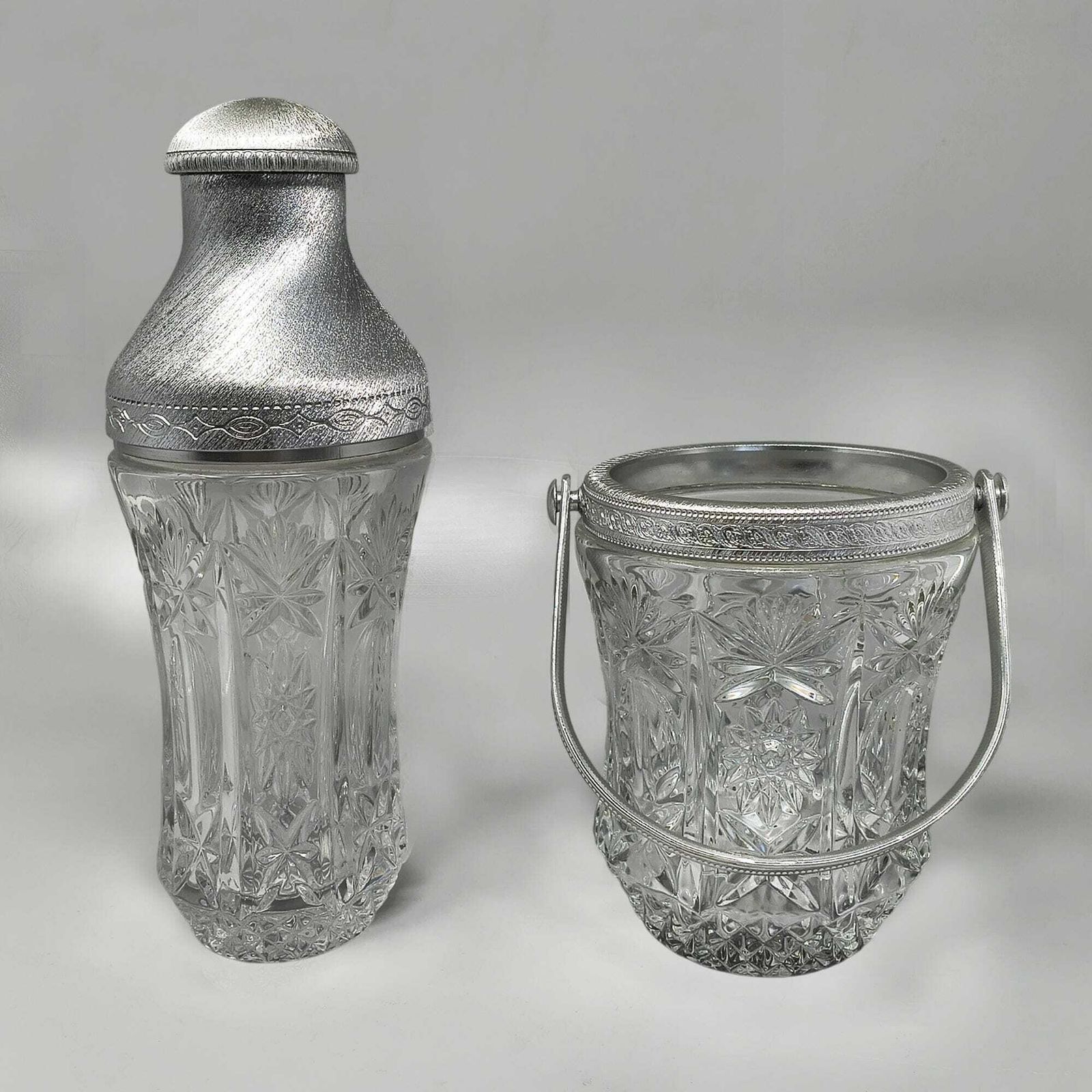 Service à cocktail mid-century en cristal taillé et métal brossé, par Arir, Italie, années 1960 photo Décoration