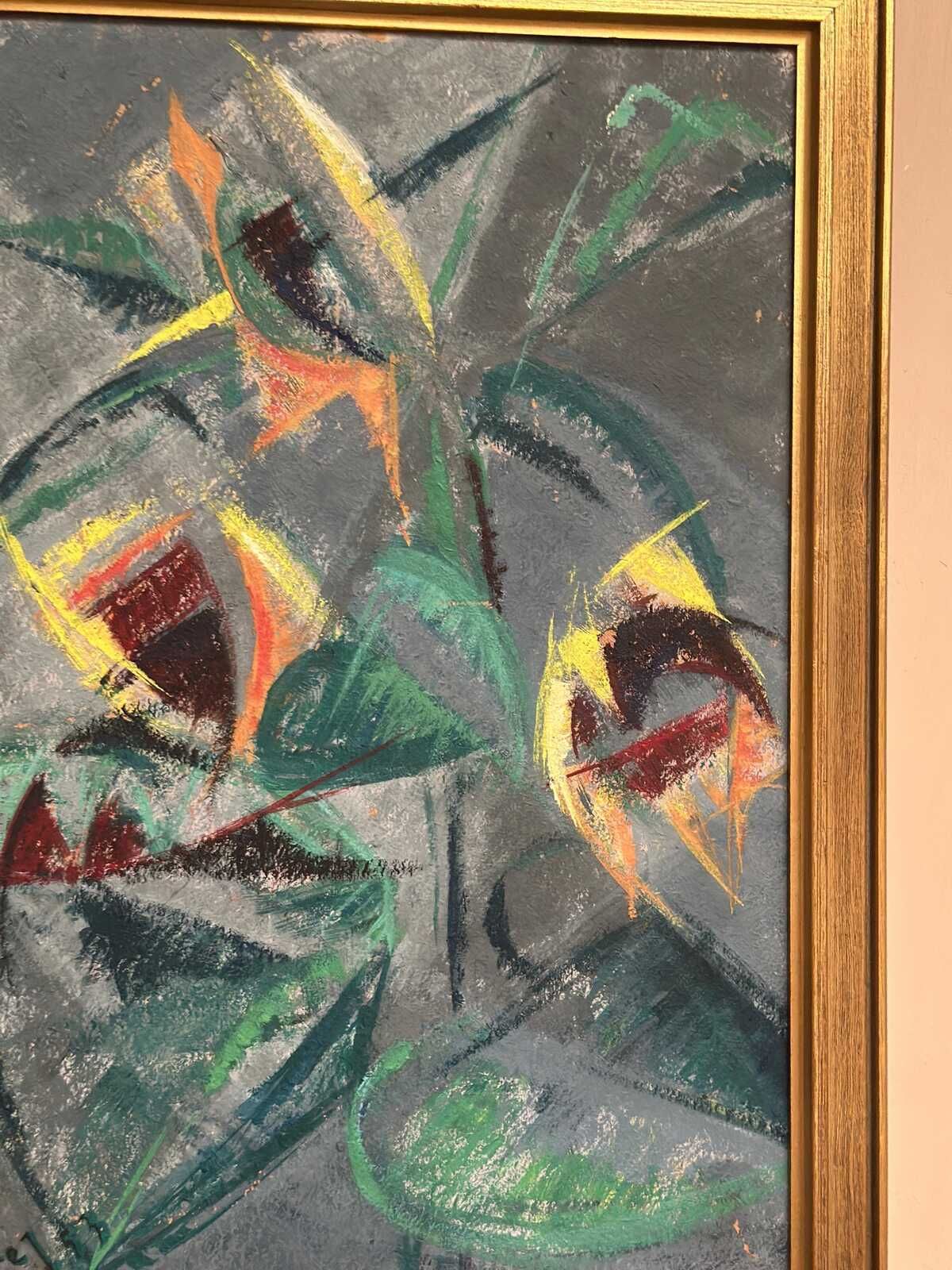 photo furniture Original Swedish Oil On Panel – “Abstract Still Life With Sunflowers” – Dated 1953 – Vintage & Framed – 53 × 70 Cm (20.9" × 27.6")