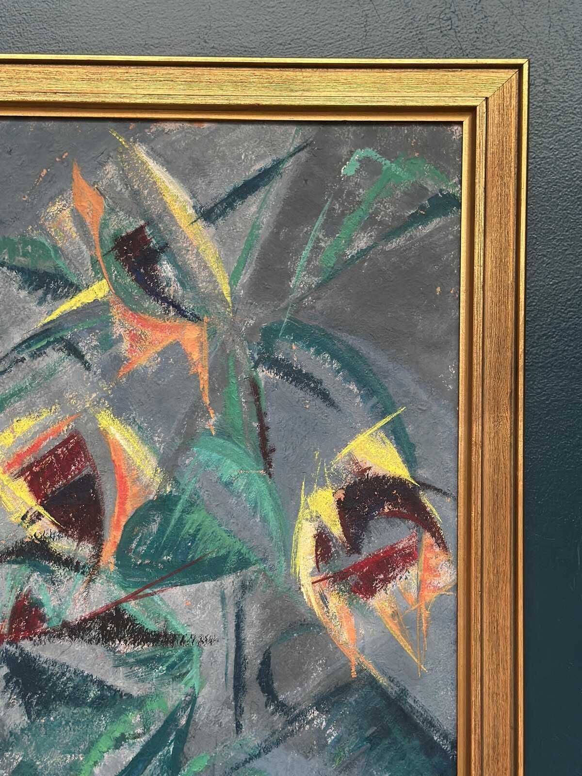 photo vinterior Original Swedish Oil On Panel – “Abstract Still Life With Sunflowers” – Dated 1953 – Vintage & Framed – 53 × 70 Cm (20.9" × 27.6")