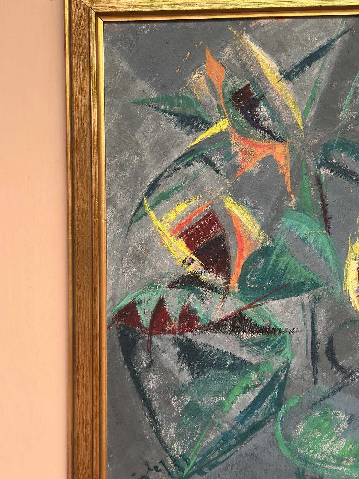 photo buy Original Swedish Oil On Panel – “Abstract Still Life With Sunflowers” – Dated 1953 – Vintage & Framed – 53 × 70 Cm (20.9" × 27.6")