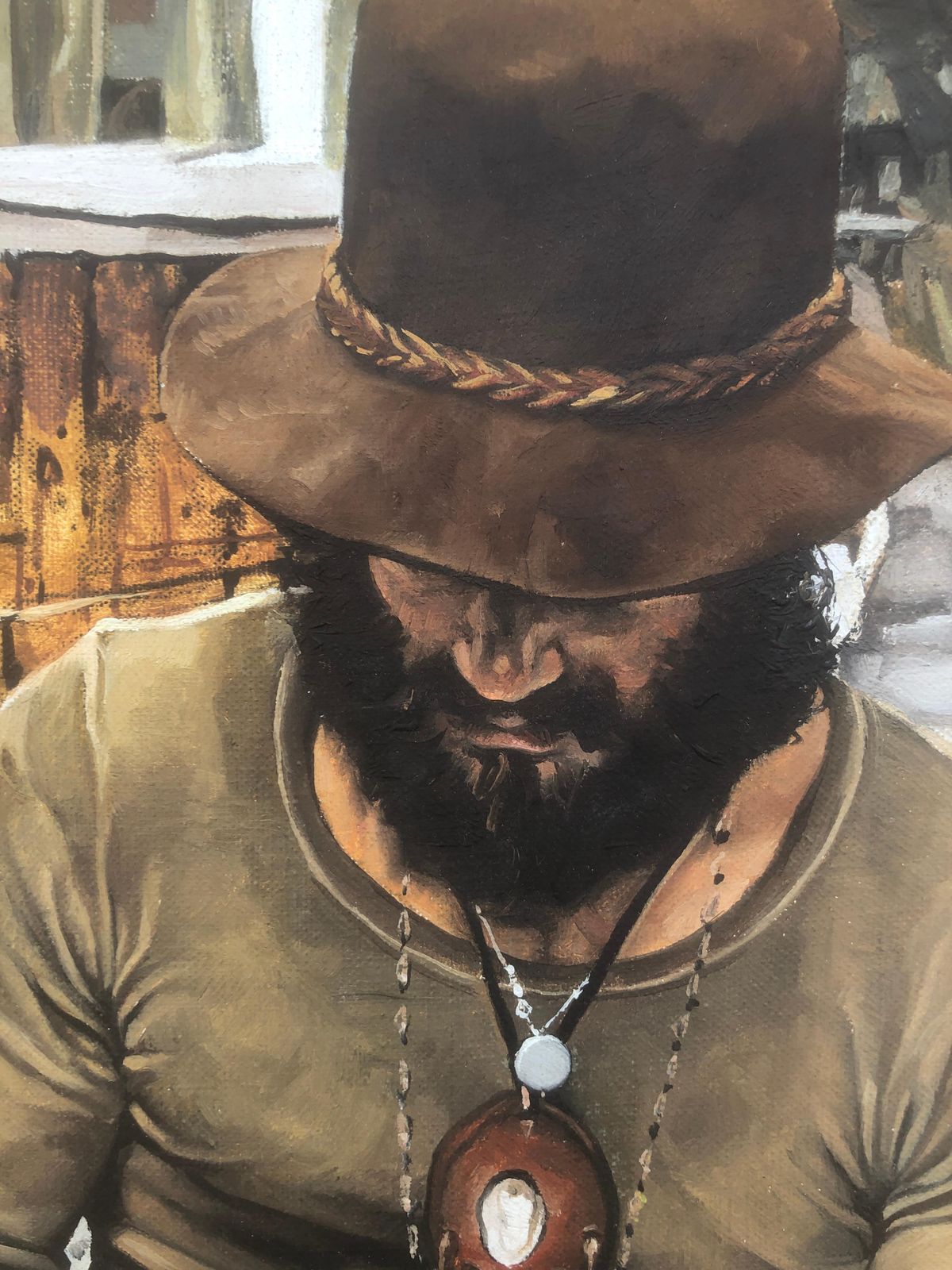 José Luis Fuentetaja Bohemian Hippie Portrait Mediterranean Realist Oil Painting Spanish Figurative C.1980 photo Art