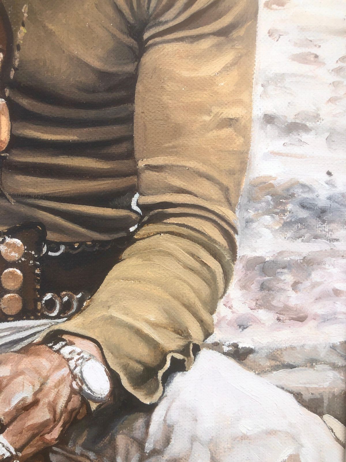 Portrait bohémien hippie José Luis Fuentetaja, peinture à l'huile réaliste méditerranéenne, art figuratif espagnol, vers 1980 photo vinterior