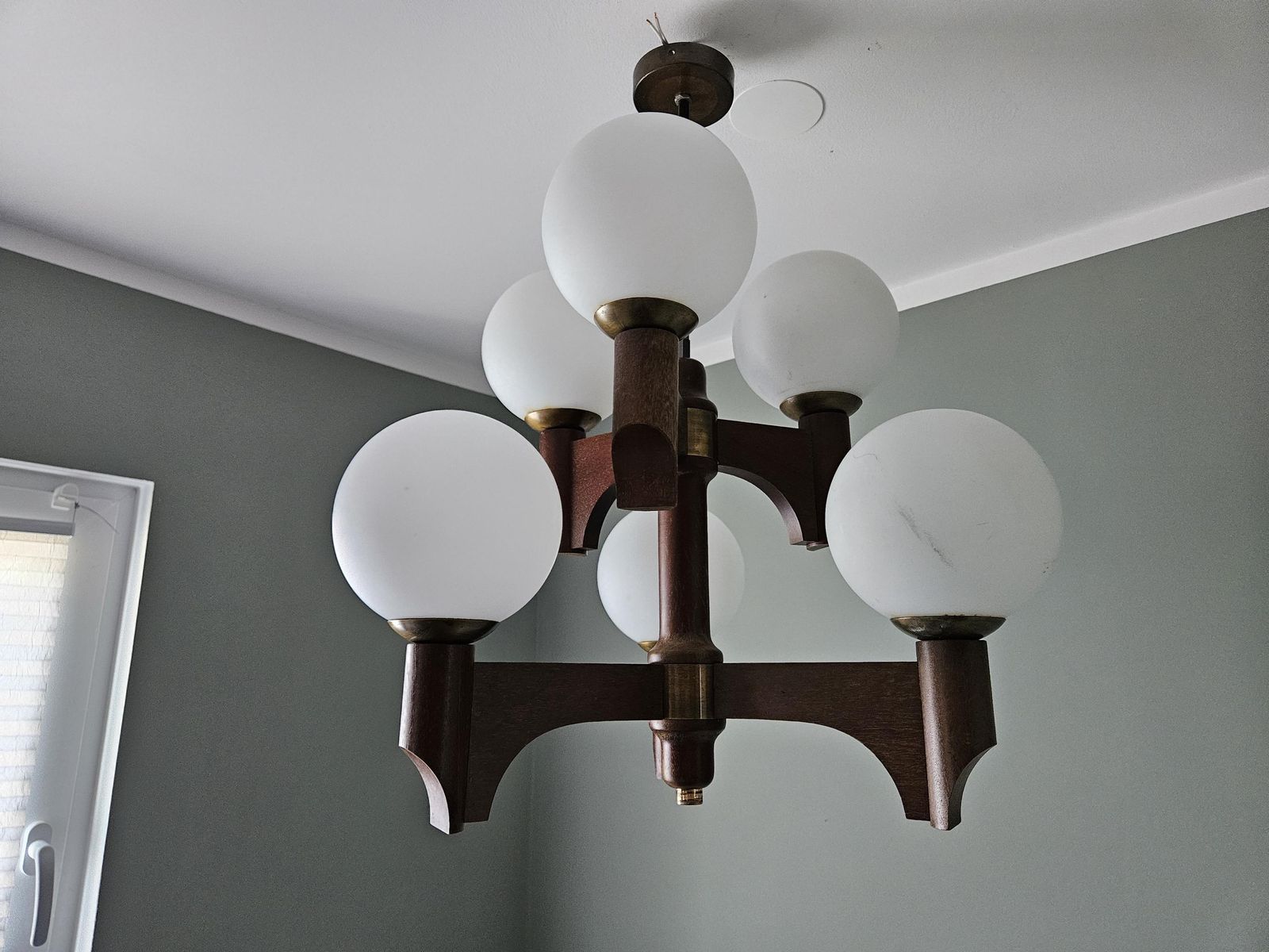 Vintage Mid Century Modern Wooden Chandelier With 6 Opal Glass Globes | 6 X E14 photo vintage