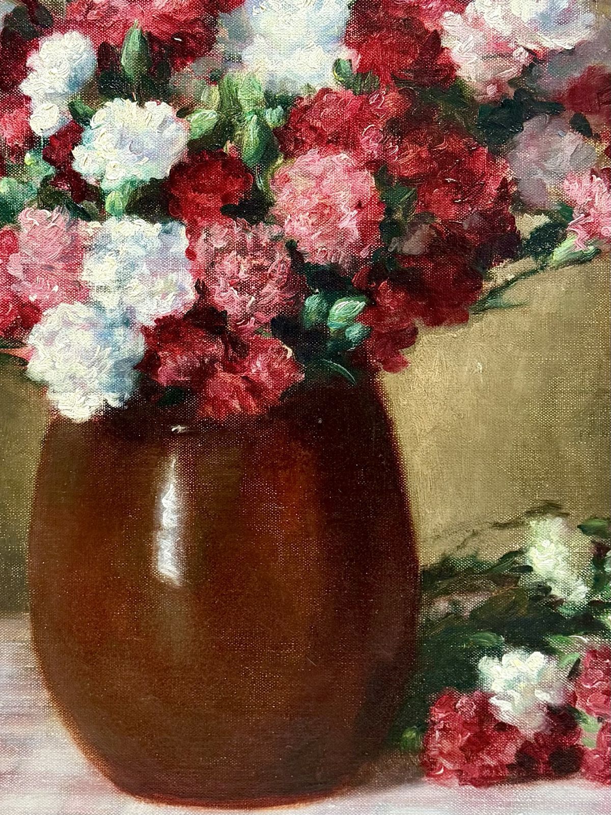 photo for sale 'Bouquet Of Carnations On A Gingham Tablecloth' door Victor Abeloos (1881 – 1965)