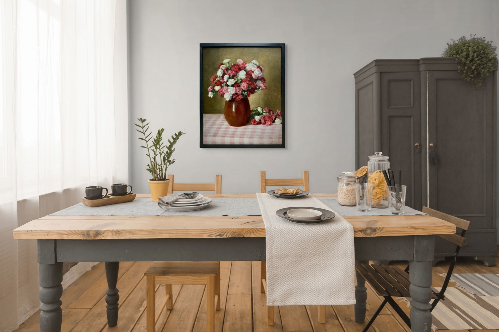 photo buy 'Bouquet Of Carnations On A Gingham Tablecloth' door Victor Abeloos (1881 – 1965)