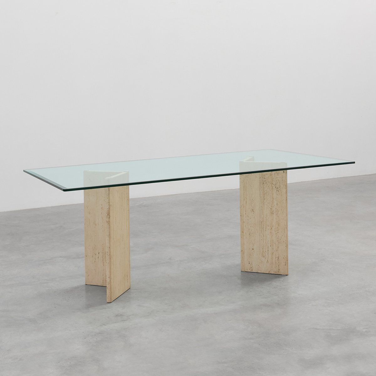 Mid‑Century Italian Dining Table With Glass Top And Travertine Base, 1970s
