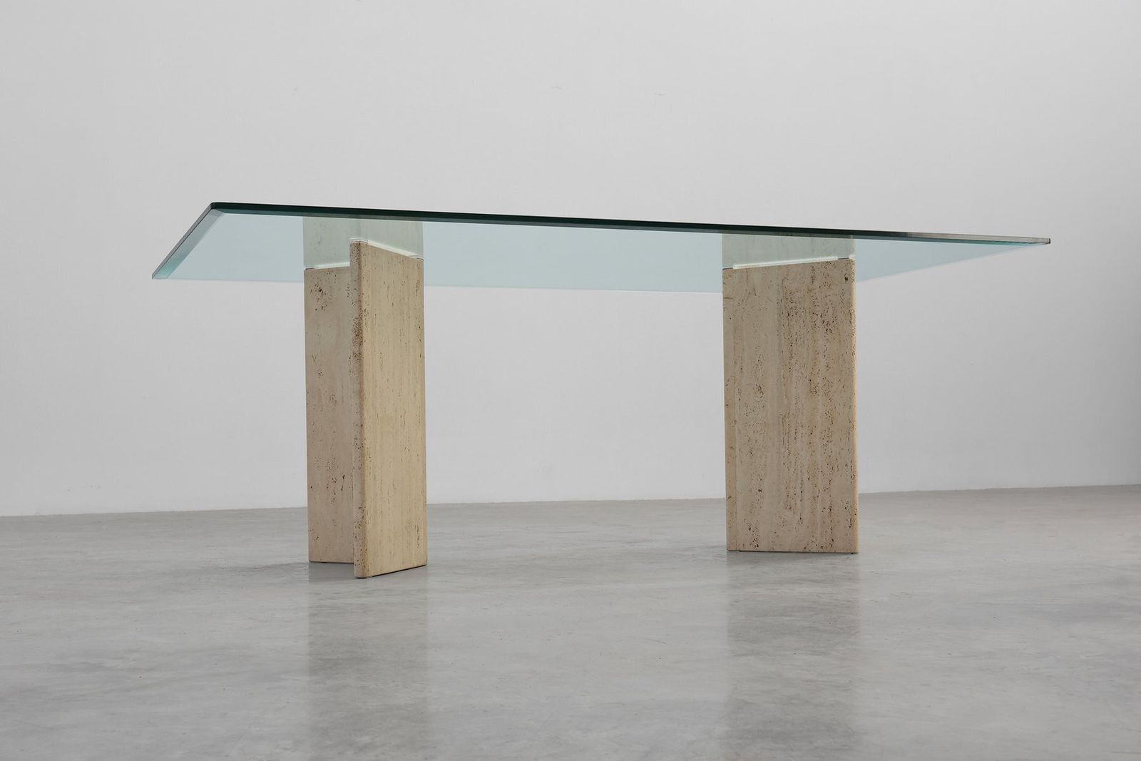 Mid‑Century Italian Dining Table With Glass Top And Travertine Base, 1970s photo vinterior