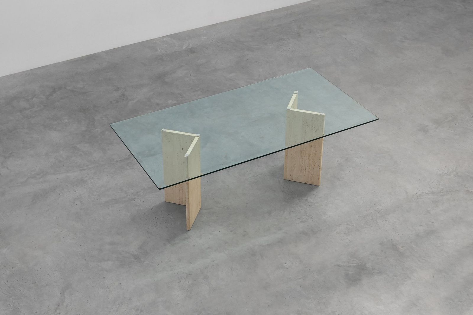 photo furniture Mid‑Century Italian Dining Table With Glass Top And Travertine Base, 1970s