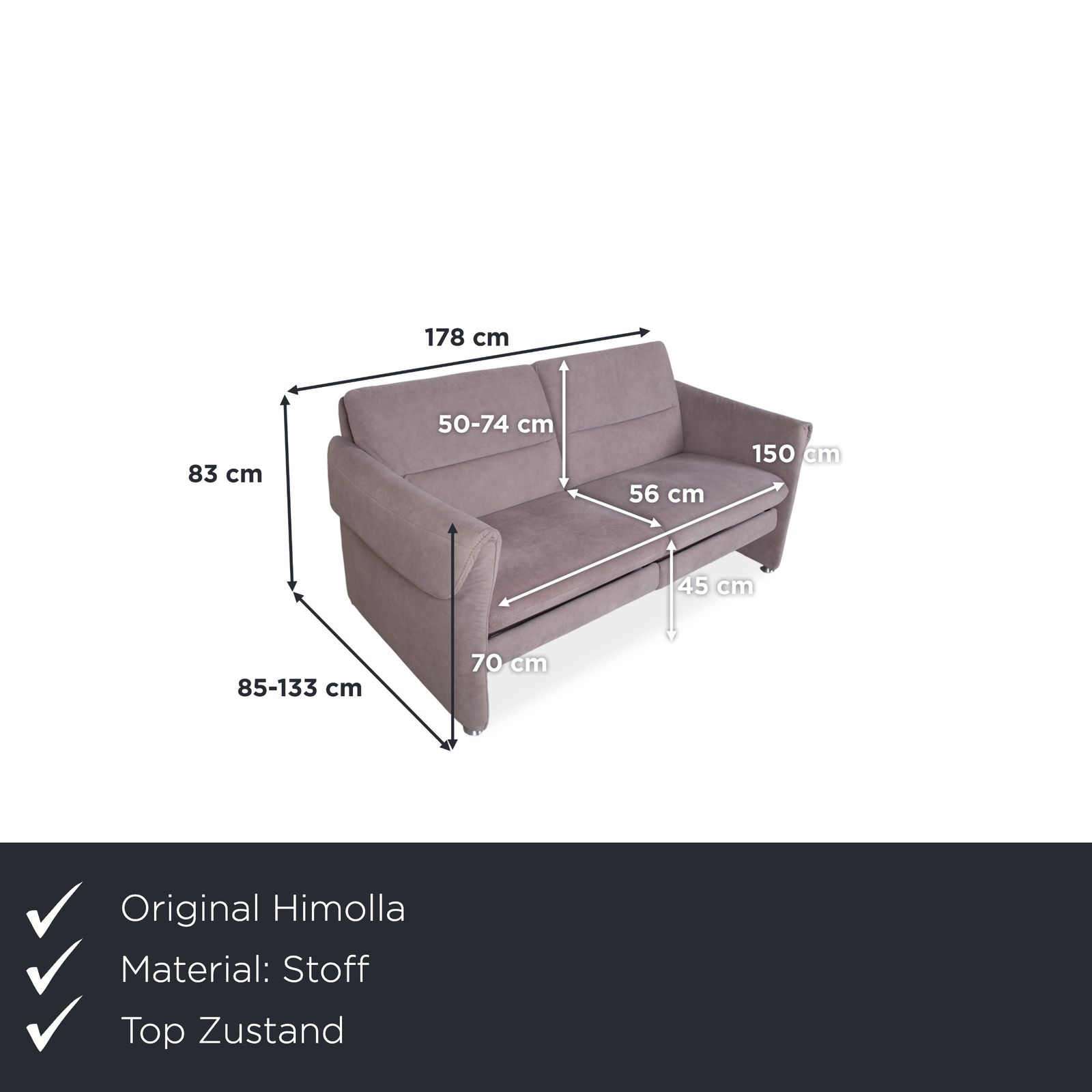 Canapé 2 places Himolla en tissu gris-bleu, fonction relax manuelle photo furniture