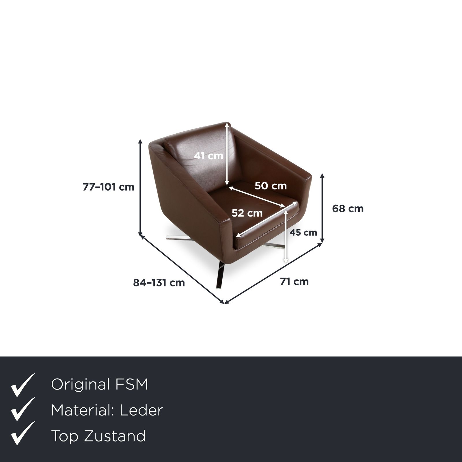 Fauteuil FSM Pavo en cuir et chrome brun, fonction inclinaison manuelle photo furniture