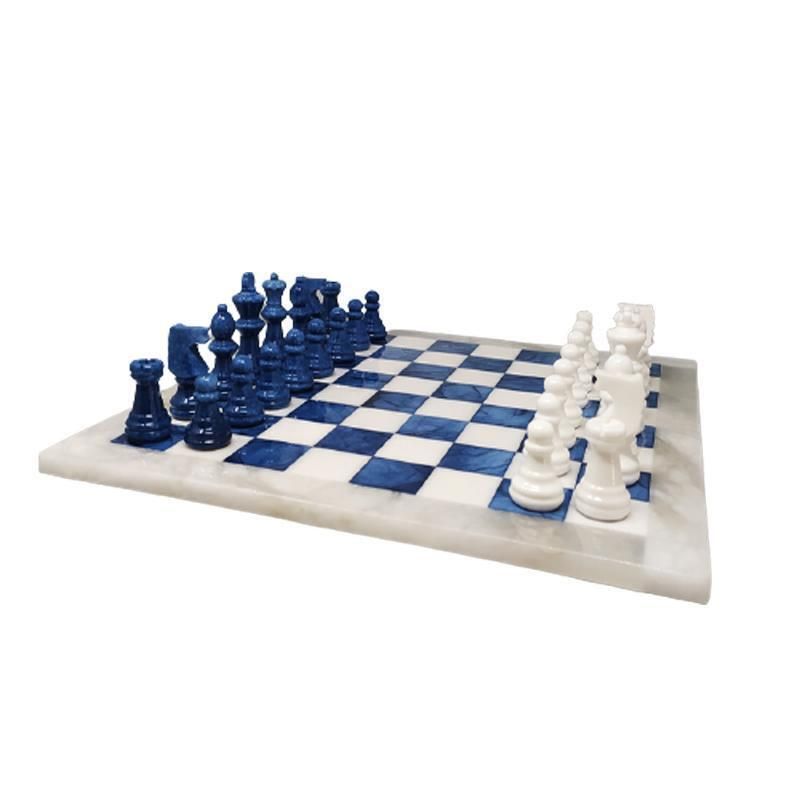 Jeu d'échecs vintage en albâtre de Volterra, bleu cobalt et blanc, Italie, années 1970