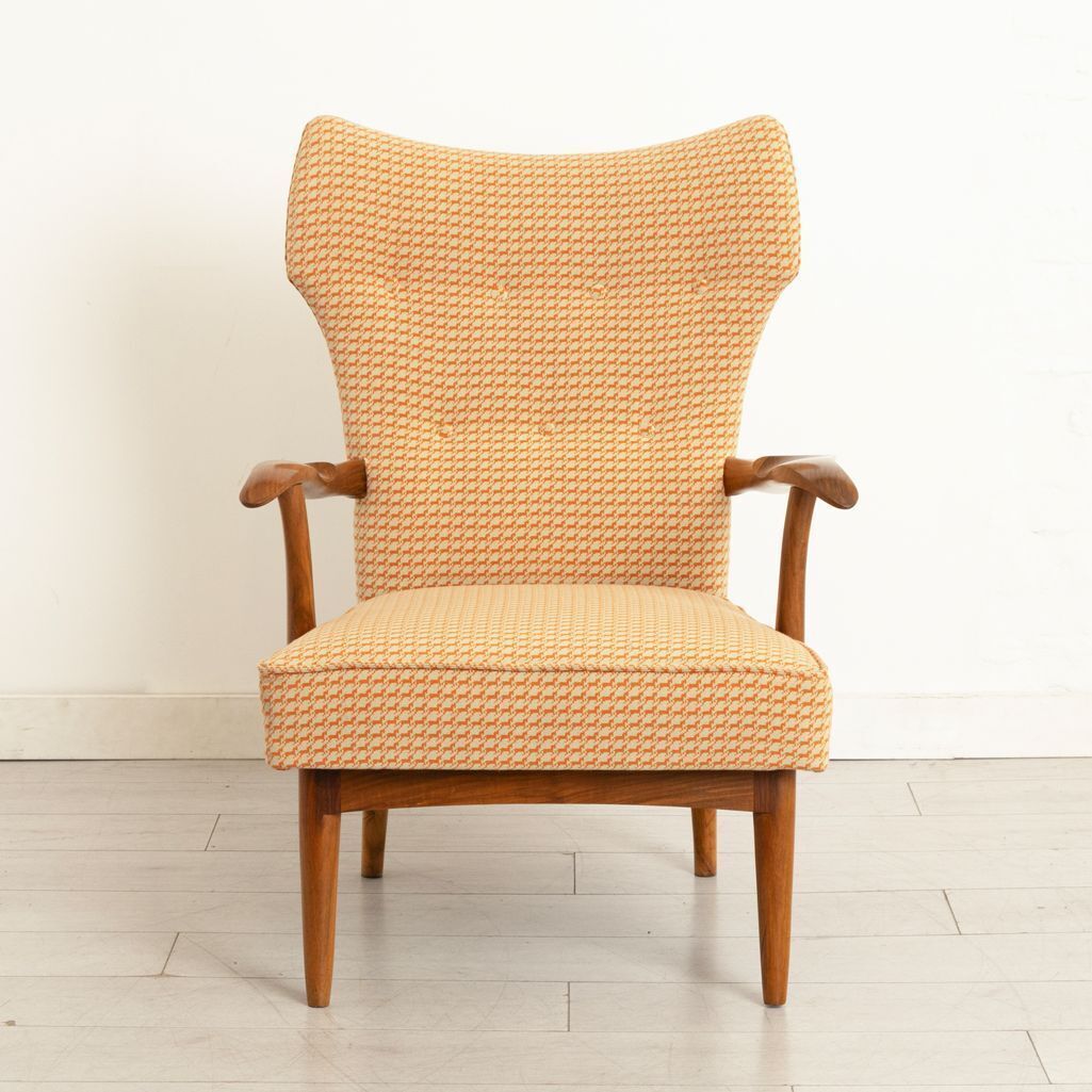 Midcentury Walnut Chair Reupholstered In Hermes Orange Cheval Pixel Fabric photo furniture