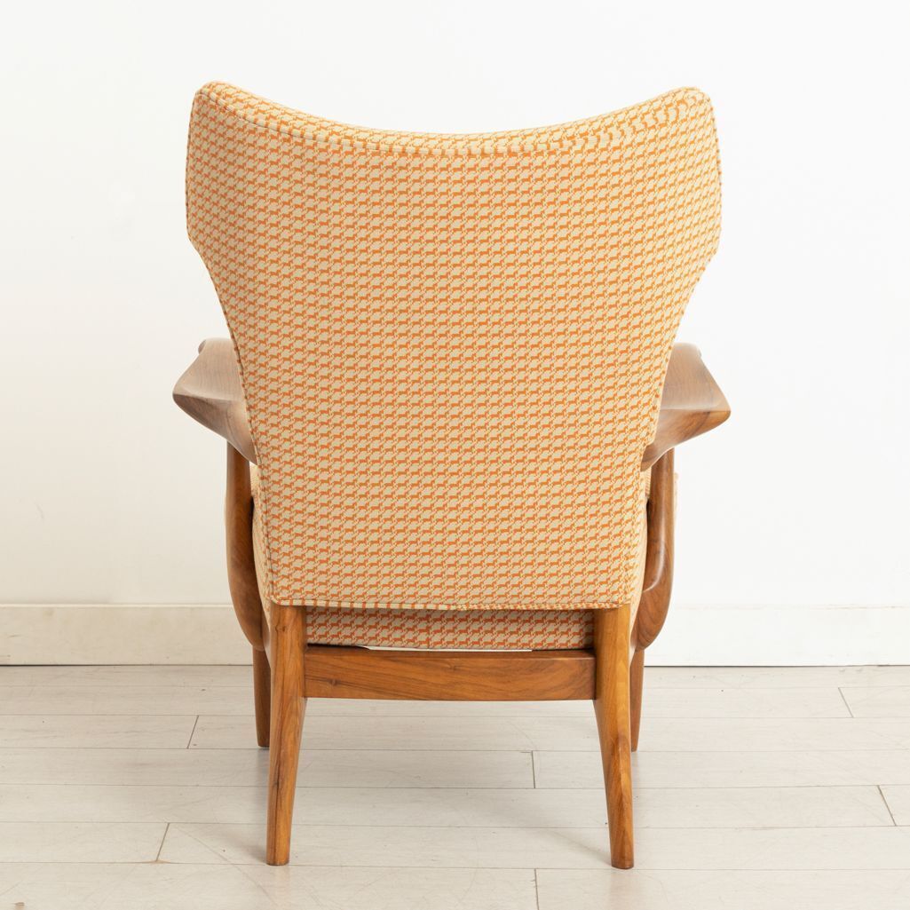Midcentury Walnut Chair Reupholstered In Hermes Orange Cheval Pixel Fabric photo Furniture
