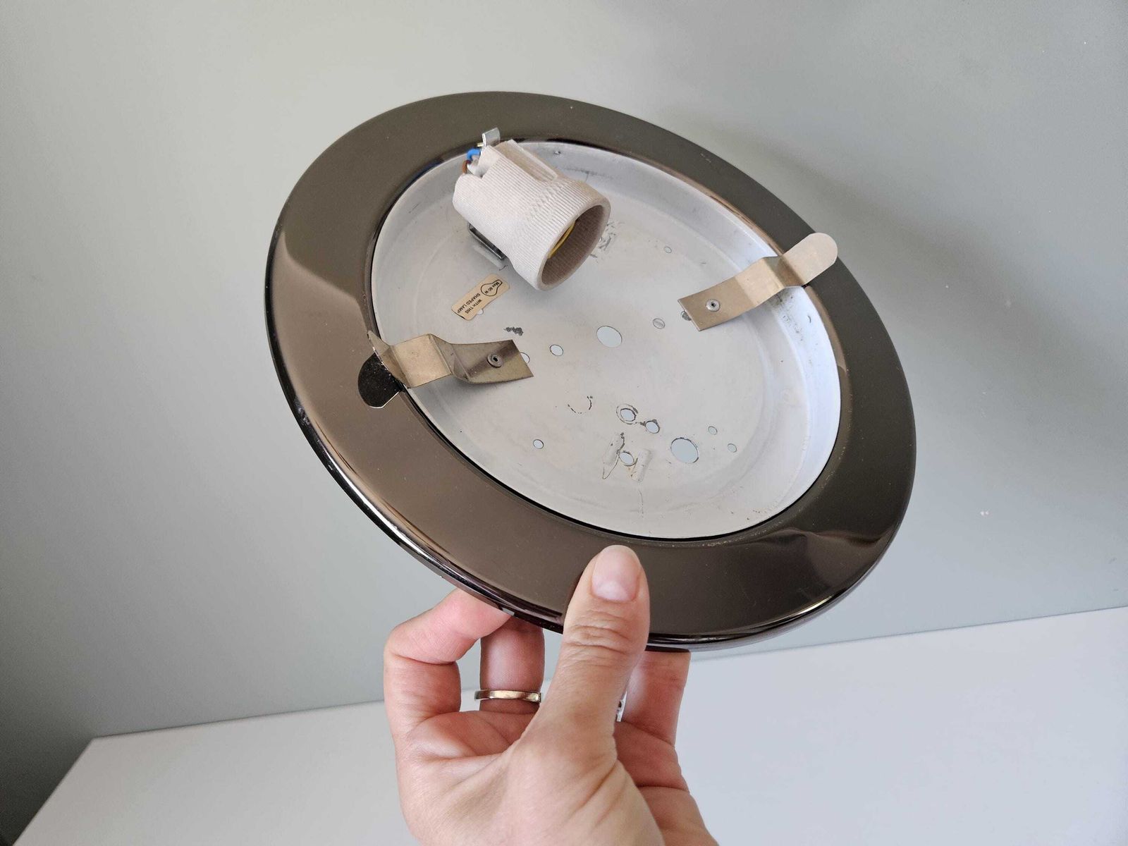 photo for sale Vintage Minimalist Flush Mount Ceiling Light | Opaline Glass & Chrome | Mid Century Modern
