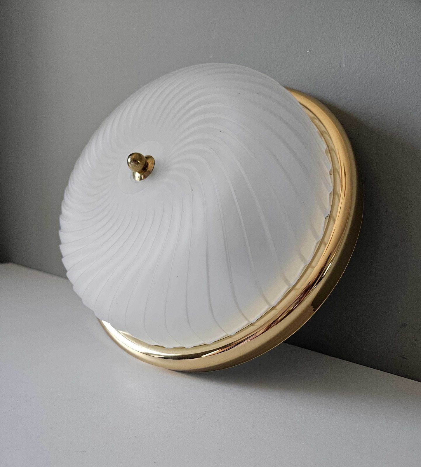 Vintage Flush Mount Ceiling Light | Frosted Swirl Glass & Brass | Mid Century Modern | Made In Italy
