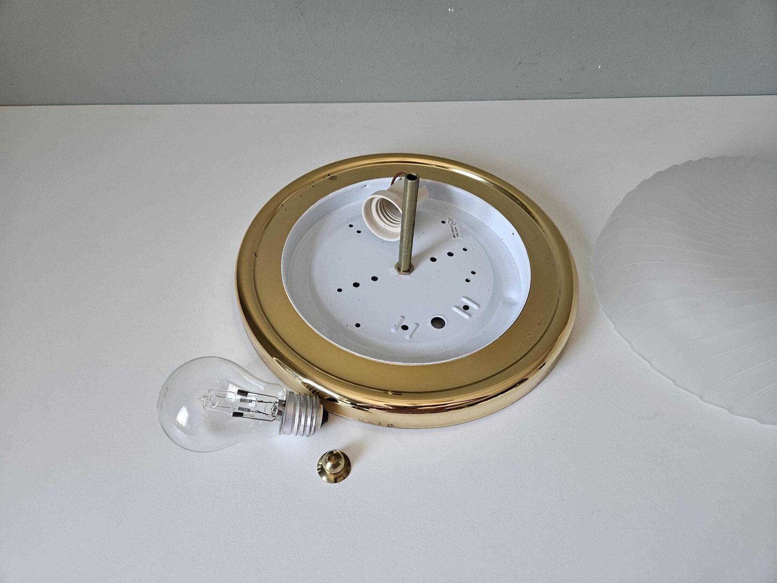 Vintage Plafondlamp | Bevroren Wervelglas & Messing | Mid-Century Modern | Made In Italy photo buy