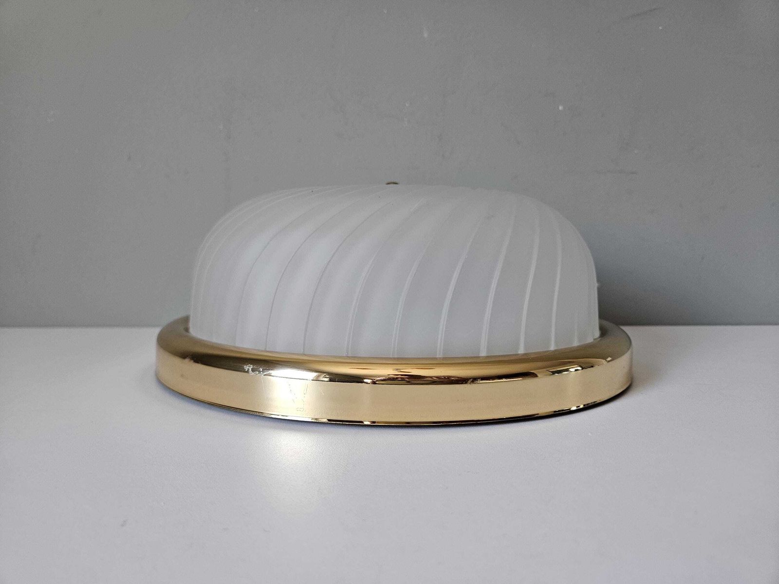 photo for sale Vintage Flush Mount Ceiling Light | Frosted Swirl Glass & Brass | Mid Century Modern | Made In Italy