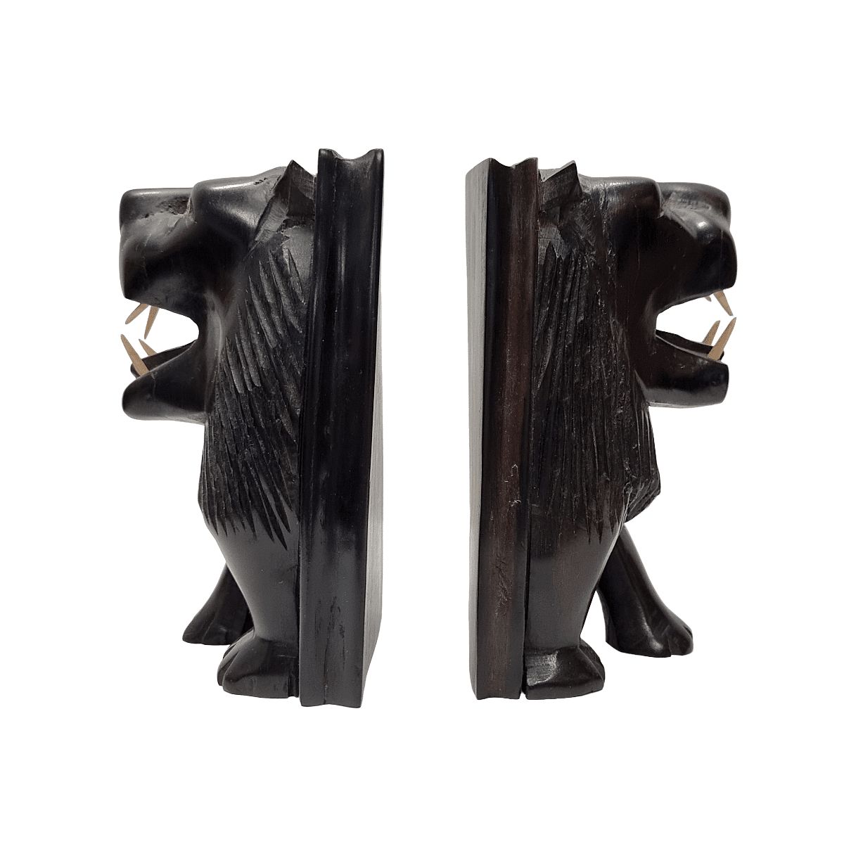 Serre-livres africains en ébène | Lions sculptés à la main, années 1970