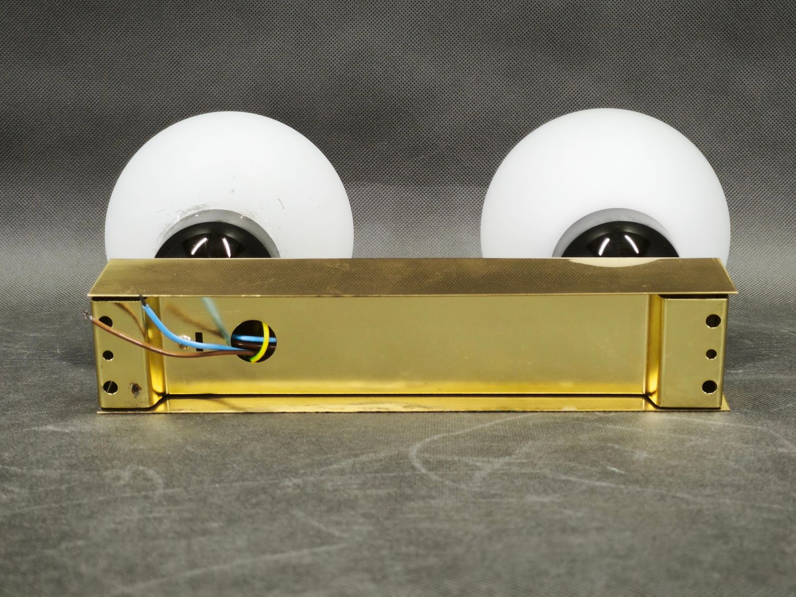 Kamenický šenov Brass Double Globe Wall Light, Czechoslovakia, 1970s photo Lighting