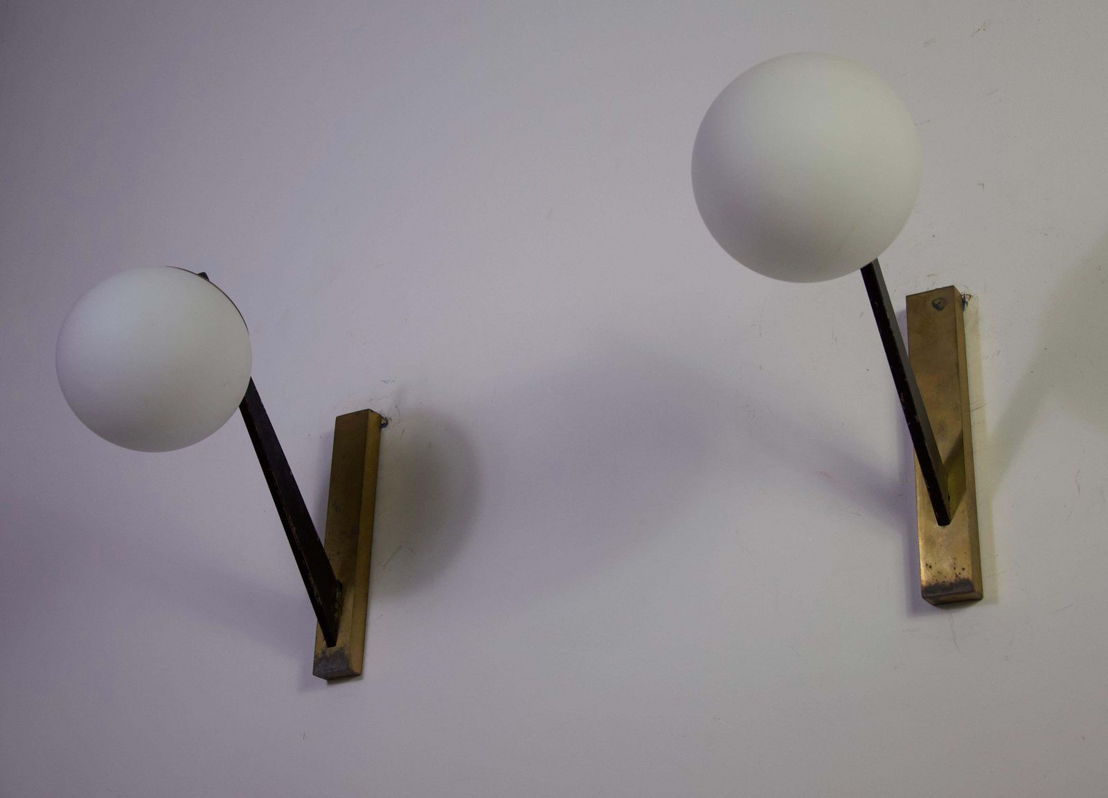 Mid Century Brass And Opaline Wall Lamps By Stilnovo, Italy, 1960s photo Lighting