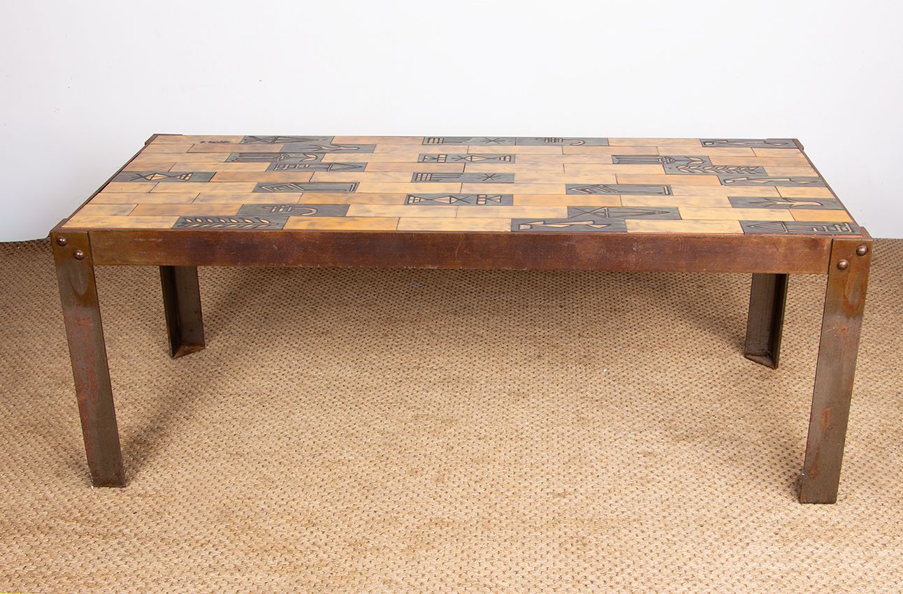 Table basse en céramique émaillée, pied en acier, par Jean Garbero, Vallauris, 1950 photo 1800.0