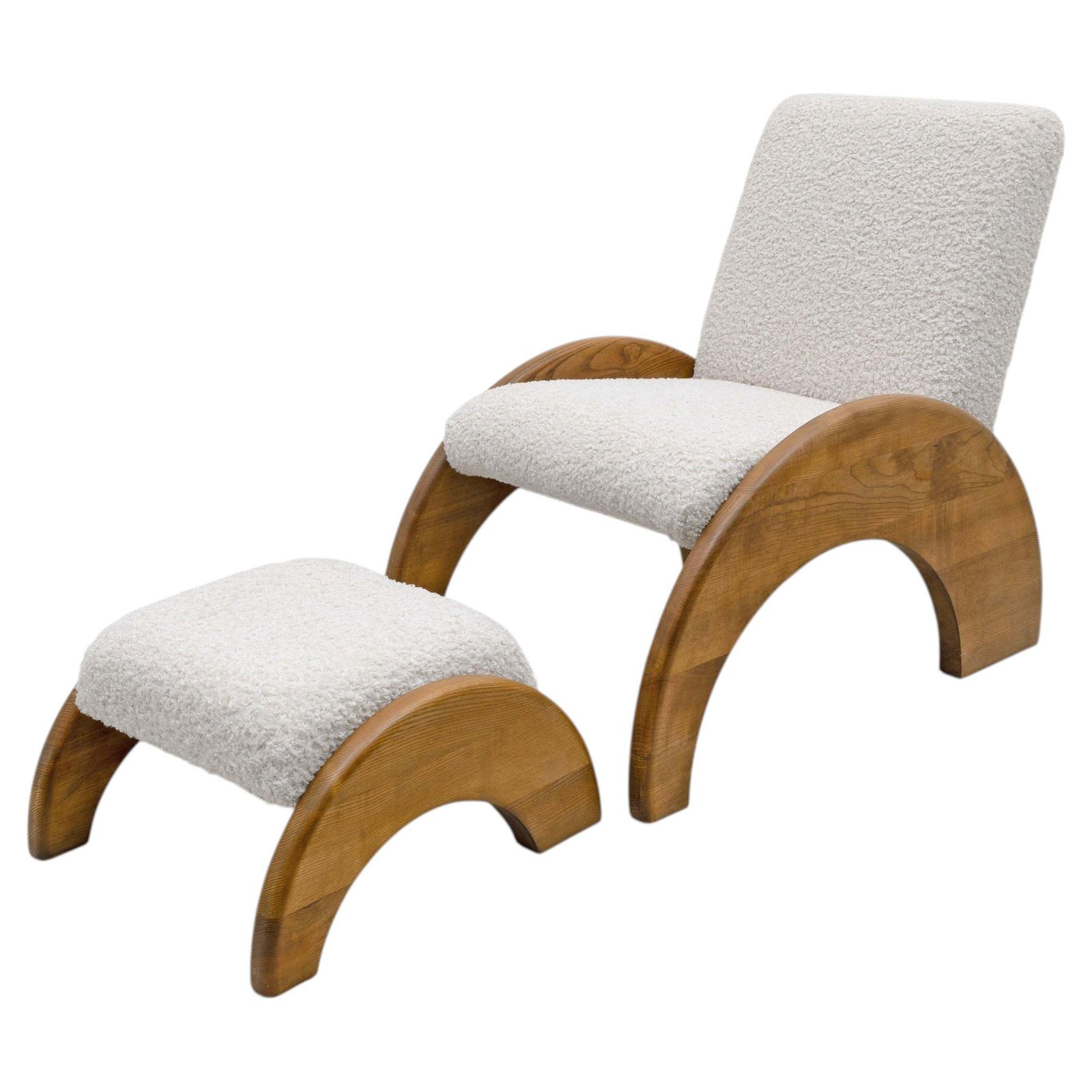 Lounge Chair en Ottoman Set in Gebogen Hout en Ivoor Bouclé