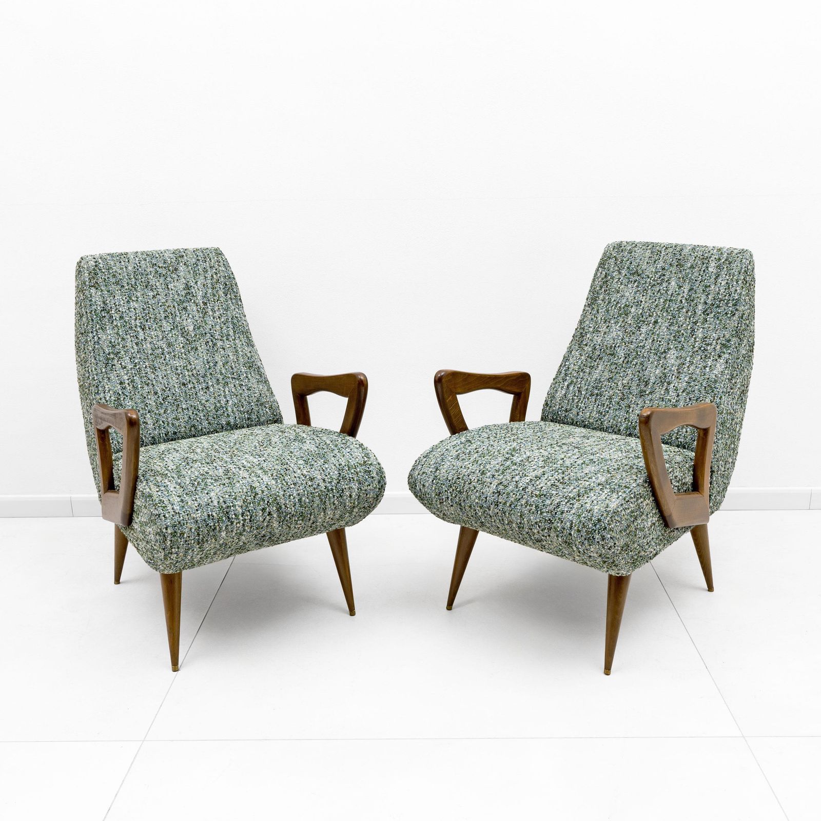 Pair Of Italian Mid Century Modern Armchairs With Sculptural Wooden Arms photo furniture