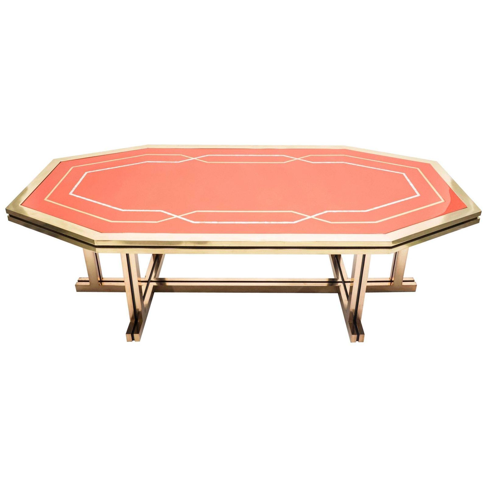 Table à manger ou bureau Maison Jansen en laque rouge et laiton, années 1970 photo furniture